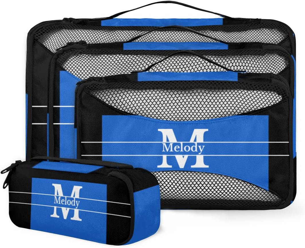 Custom Packing Cubes with Name and Initial Letter, 4Pcs/Set Travel Luggage Packing Organizers Set for Men and Women, Navy Blue with Black
