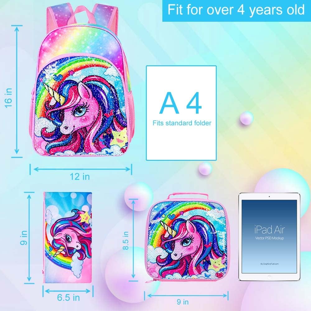 3PCS Unicorn Backpack, 16" Girls Rainbow Sequins Kids Bookbag with Lunch Box, School Bags for