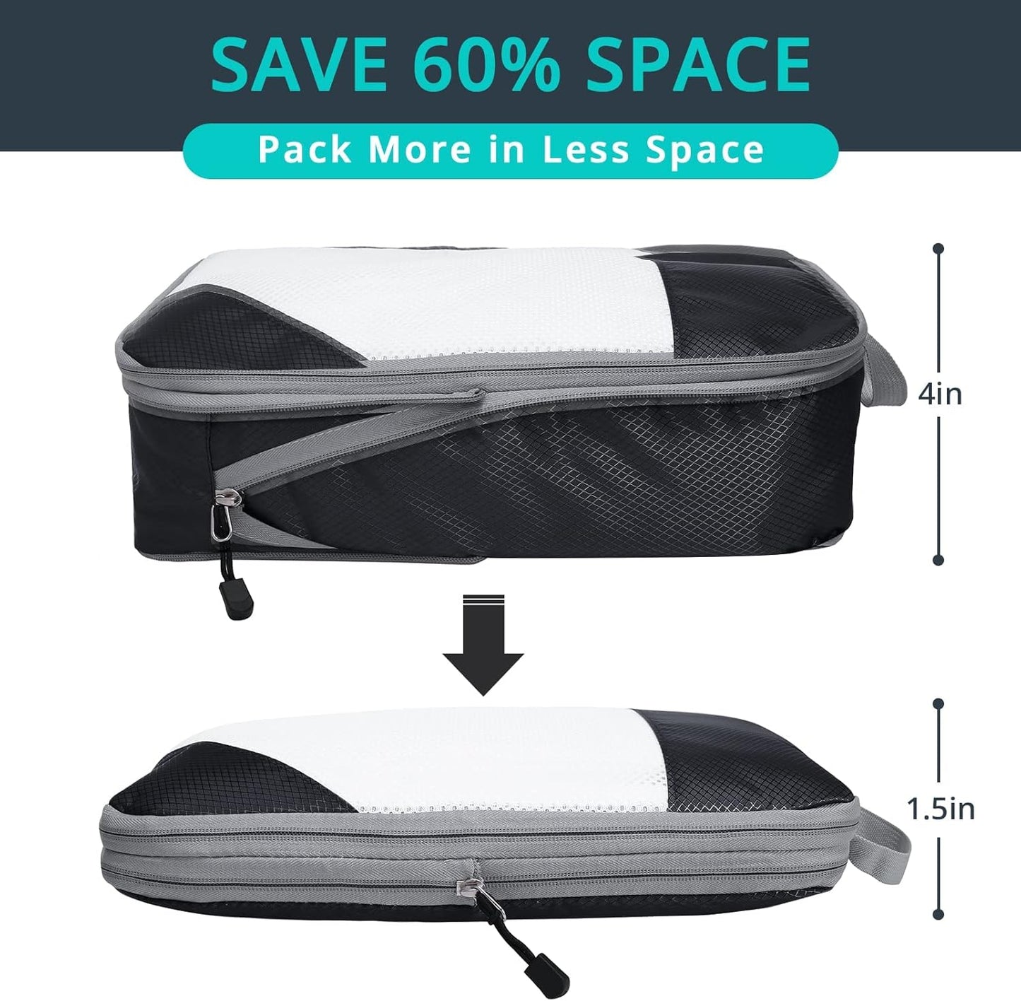 9 Set Compression Packing Cubes for Travel - Compressible, Lightweight, and Space-Saving Packing Cubes, Travel Essentials for Women, Black