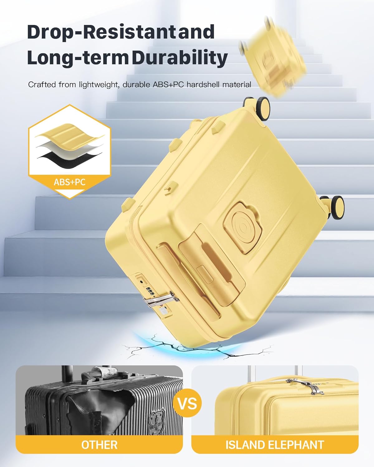 20 IN Carry On Luggage 22x14x9 Airline Approved - Front Pocket Hardside Travel Suitcase Unbreakable -with Cup Holder,Charging Port,Side Pothook, 360°Spinner Wheels, TSA Lock-Yellow