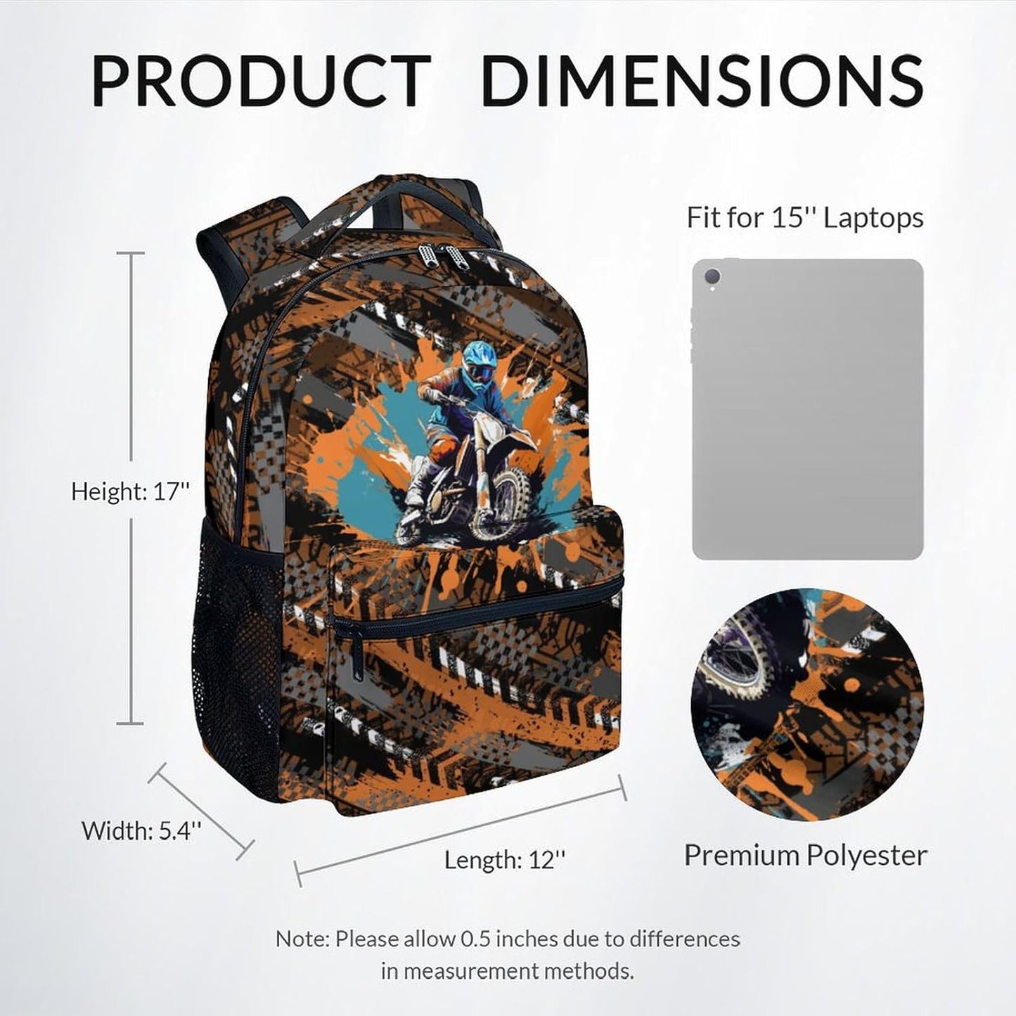 Kids Bookbag - Motorcycle Backpack for Boys - 17 Inch School Backpack for Primary Middle - Cool School Bag for Children