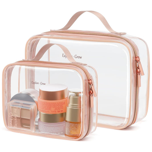 PACKISM Clear Makeup Bag - 2 Pack TSA Approved Toiletry Bag with Handle and 180° Large Opening, Clear Toiletry Bag Fit Carry-on Travel Essential, Travel Bags for Toiletries, Rose Pink