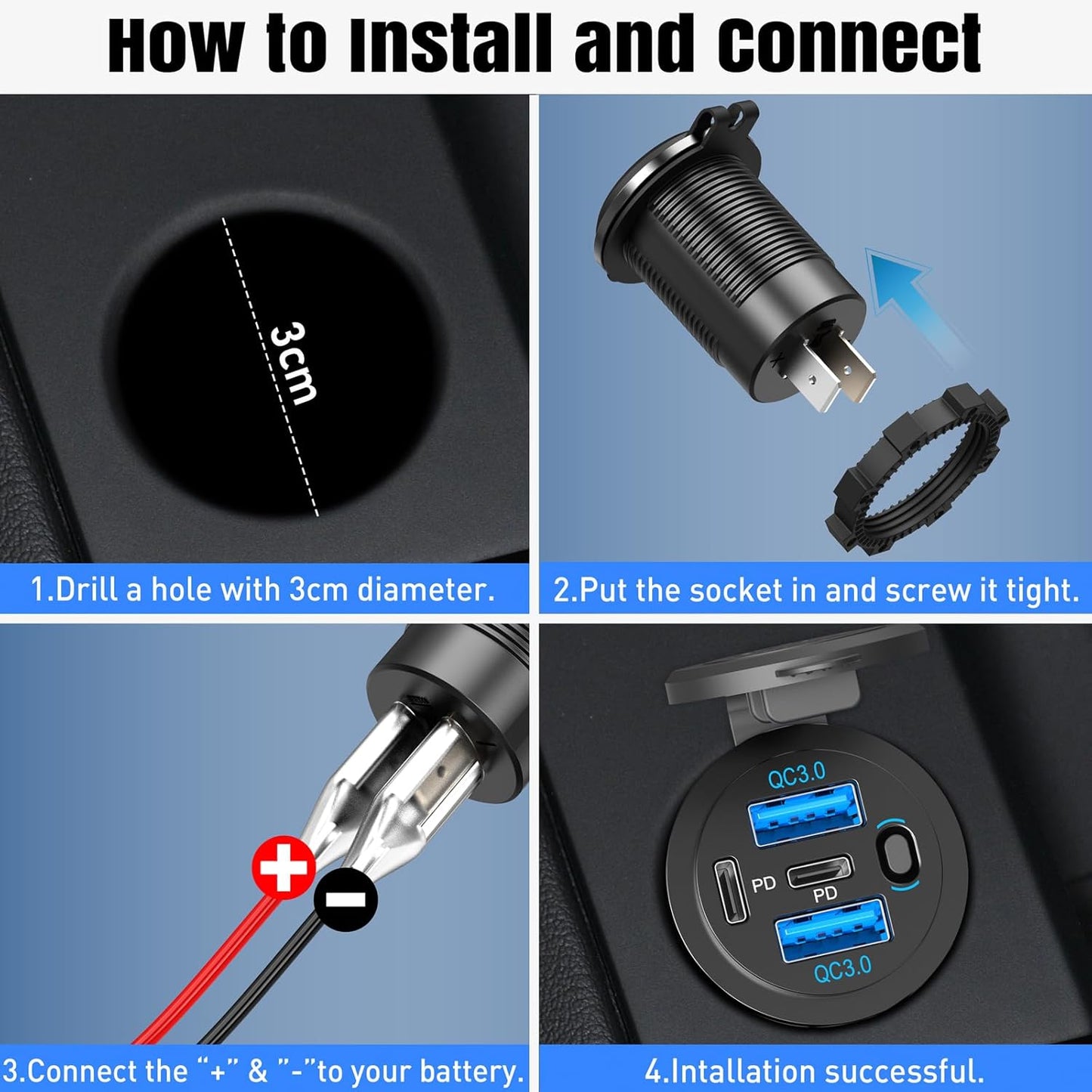 2PACK 90W Dual PD & Dual Quick Charge 3.0 Qidoe USB C 12V Outlet,4 Port with Power Switch, Car Charger Socket for RV Boat Marine Truck Motorcycle
