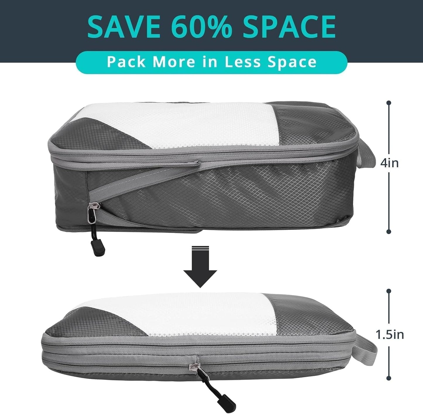 7 Set Compression Packing Cubes for Travel - Compressible, Lightweight, and Space-Saving Packing Cubes, Travel Essentials for Women, Grey