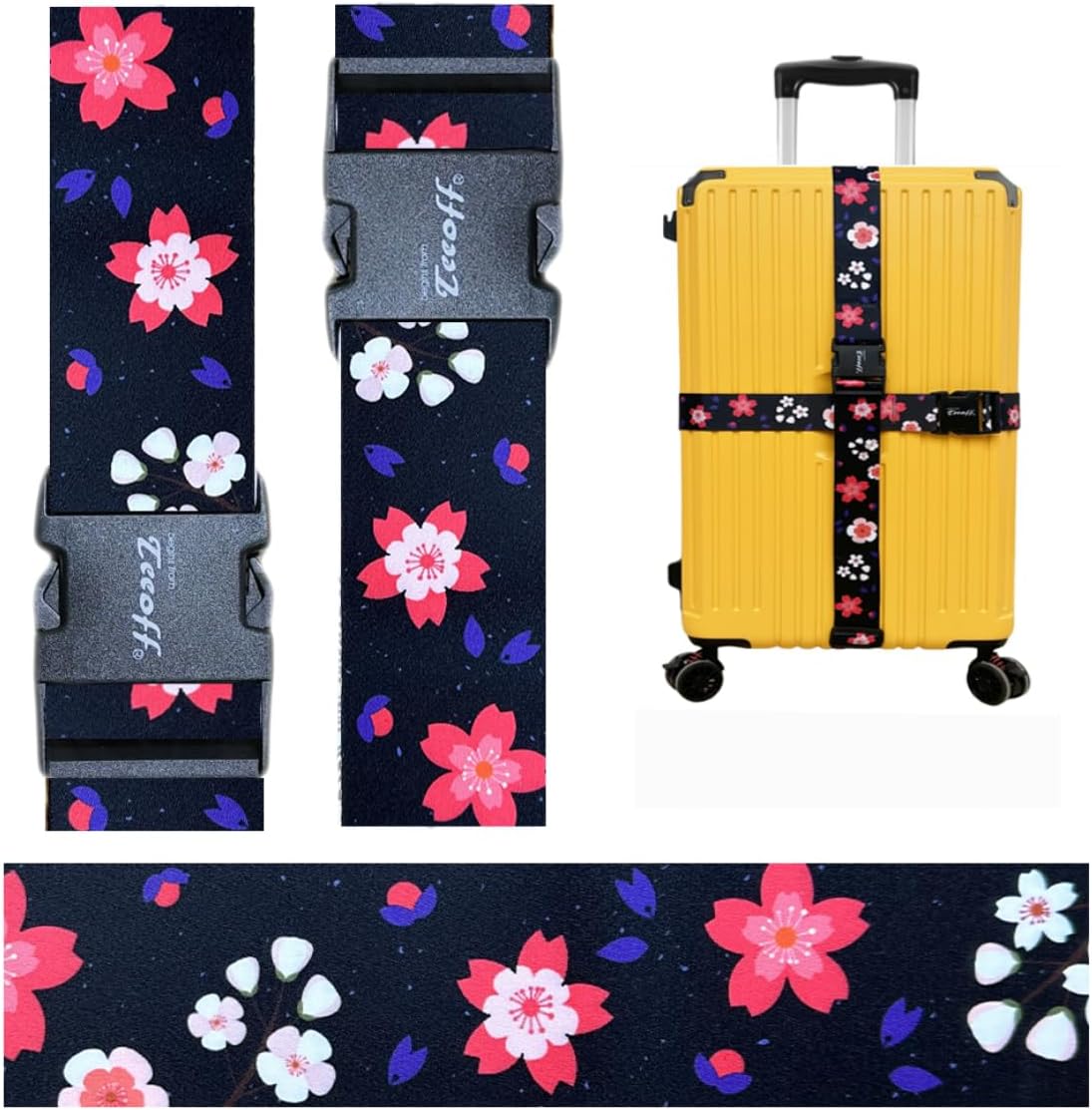 Teeoff Luggage Straps Suitcase Belts Travel Bag Accessories Adjustable 220CM (Sakura Black Red - 2 Pack)