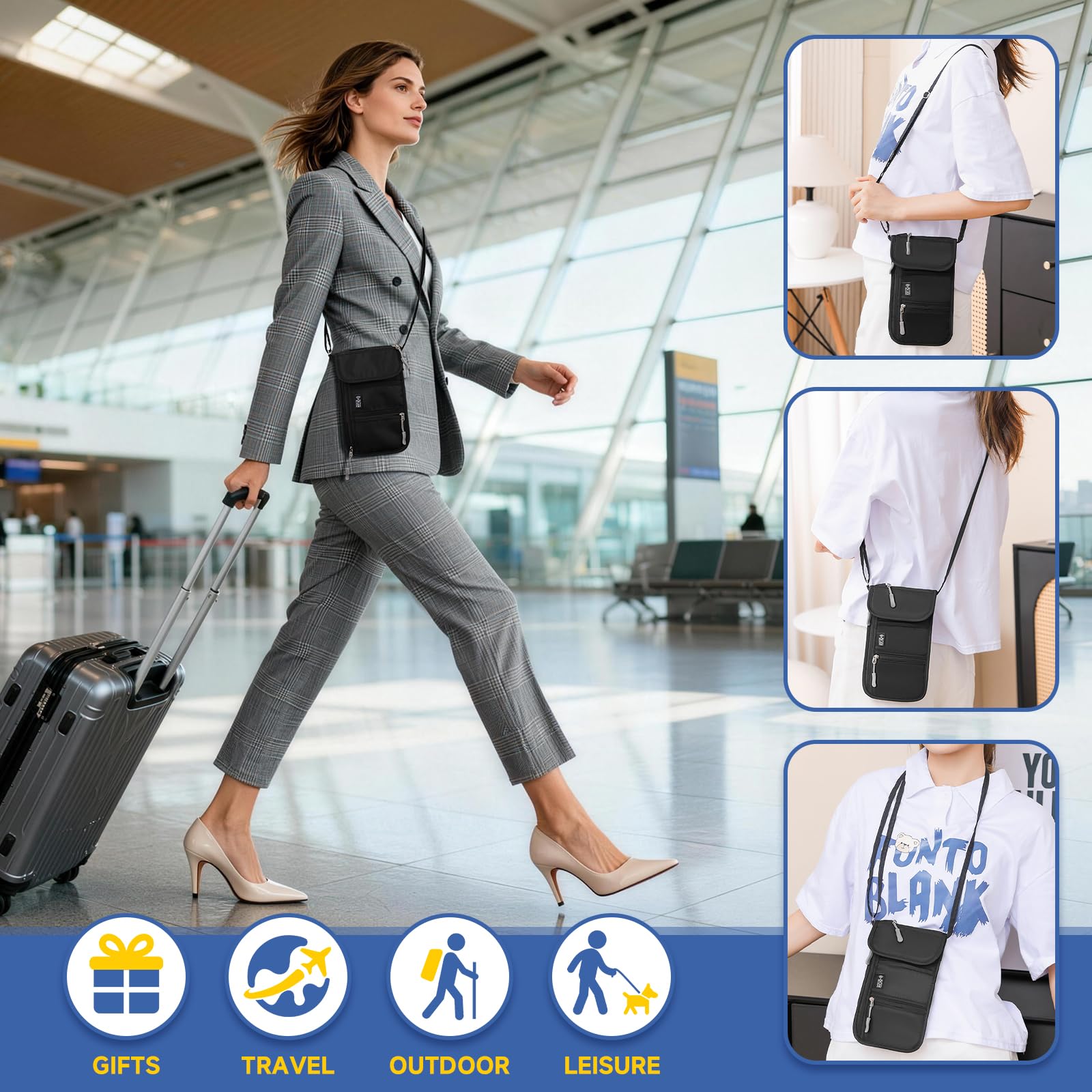 Desing Wish RFID Blocking Passport Holder for Travel Neck Wallet with Adjustable Lanyard 6