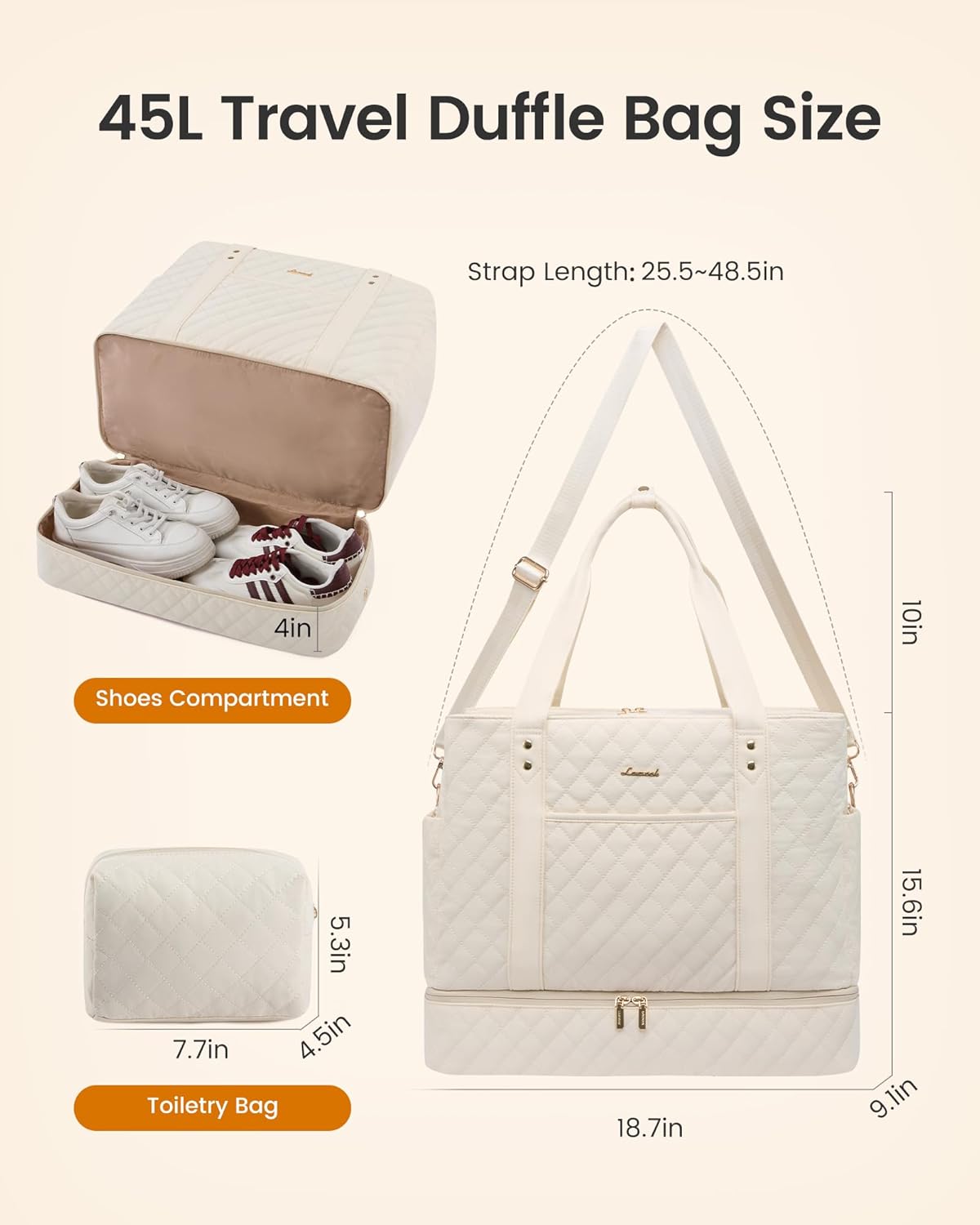 LOVEVOOK Large Travel Duffle Bag for Women, 45L Weekender Bags with Shoe Compartment & Wet Pocket, Quilted Carry On Personal Item Bag, Overnight Hospital Bags for Labor Delivery Beige