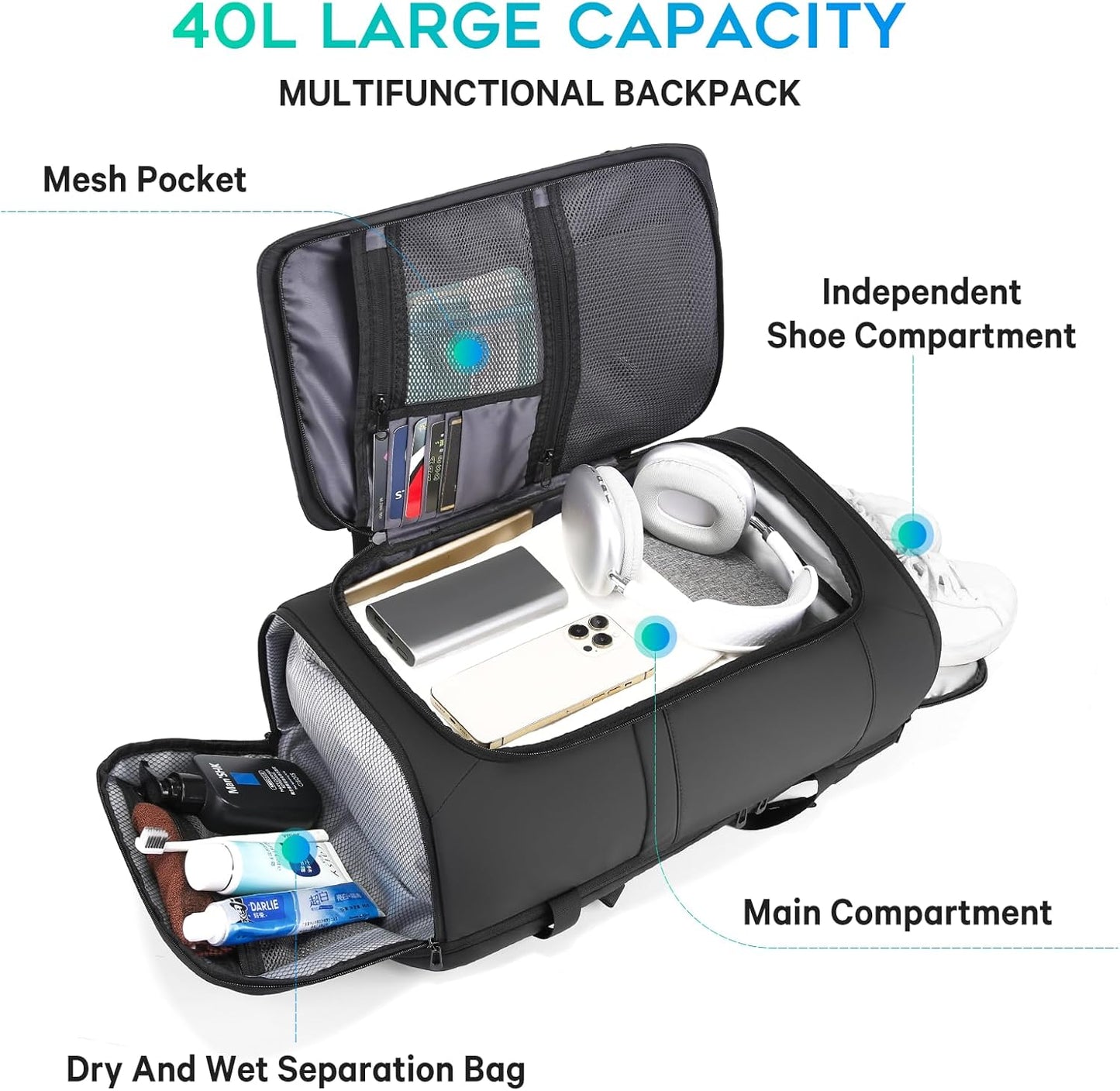 BANGE 40L Travel Backpack with Shoe Compartment, Large Capacity Weekender Bag Daypack Fits 17.3 Inch Laptop, Carry-on Luggage Backpack with Water Bottle Holder for Traveling, Hiking, Business