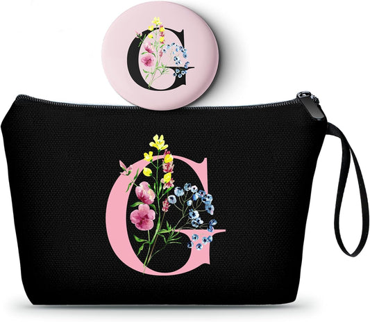 SEAMOON Women Birthday Unique Initial Funny Gifts for Teenage Girl Sister Friends Bridesmaid Personalized Travel Make up Cosmetic Bag with Mirror Valentines Mothers Day Christmas Graduation G