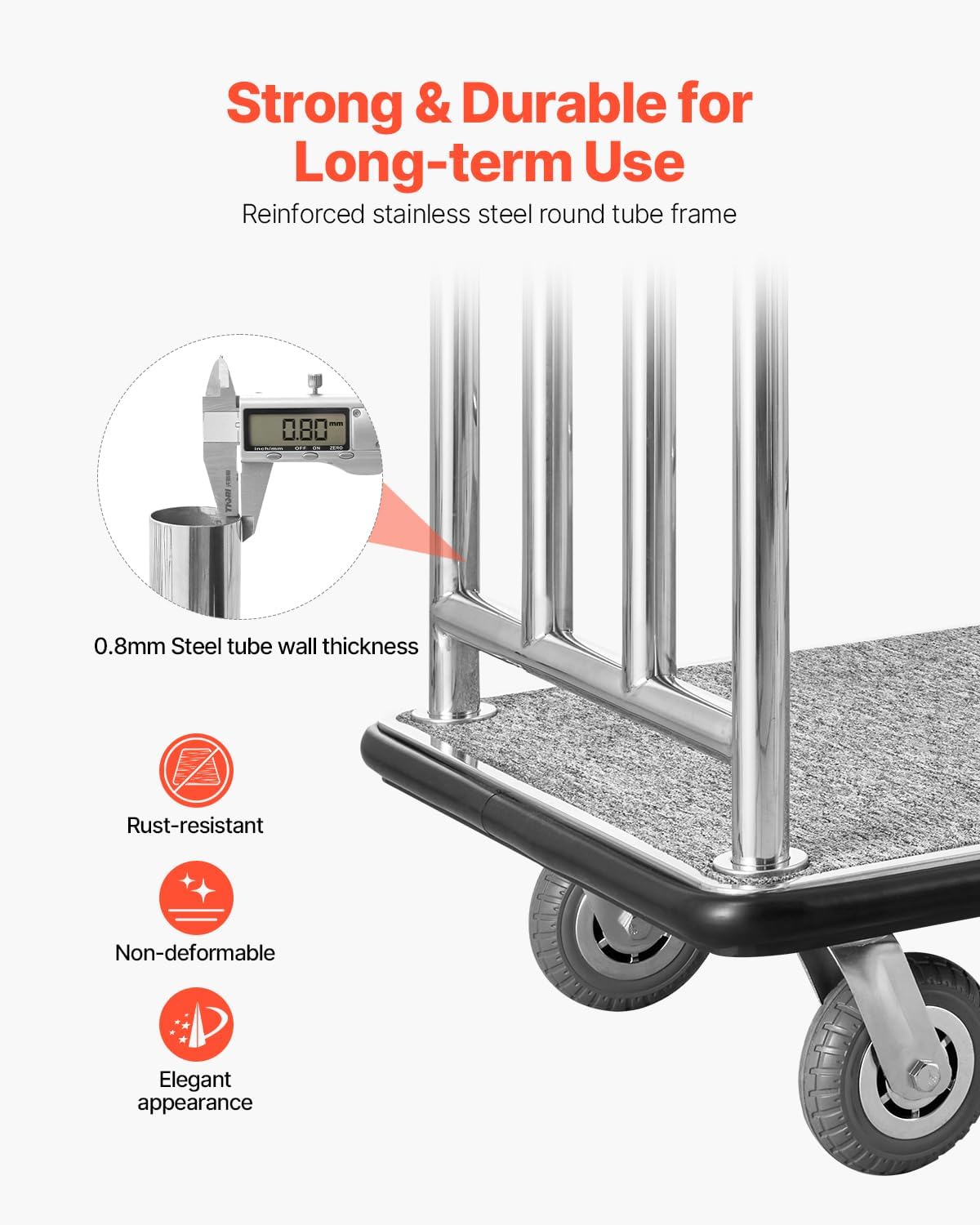 VEVOR Hotel Luggage Cart, 750 LBS Load Capacity, Deluxe Platform Truck with Removable Front Frame, Valet Cart with Grey Carpeted Deck and 6-inch Rubber Wheels, Ideal for Hotels, Condos, Resorts
