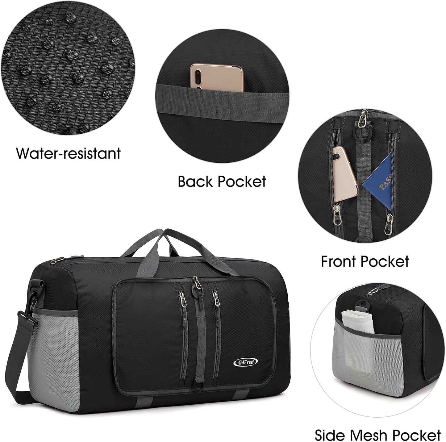 G4Free 40L/65L Foldable Duffel Bag, Water-Repellent Travel Backpack, Lightweight Carry Bag for Overnight Weekender Sports Men Women