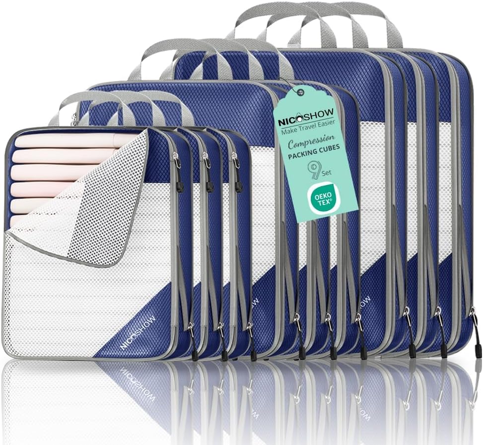 9 Set Compression Packing Cubes for Travel - Compressible, Lightweight, and Space-Saving Packing Cubes, Travel Essentials for Women, Navy