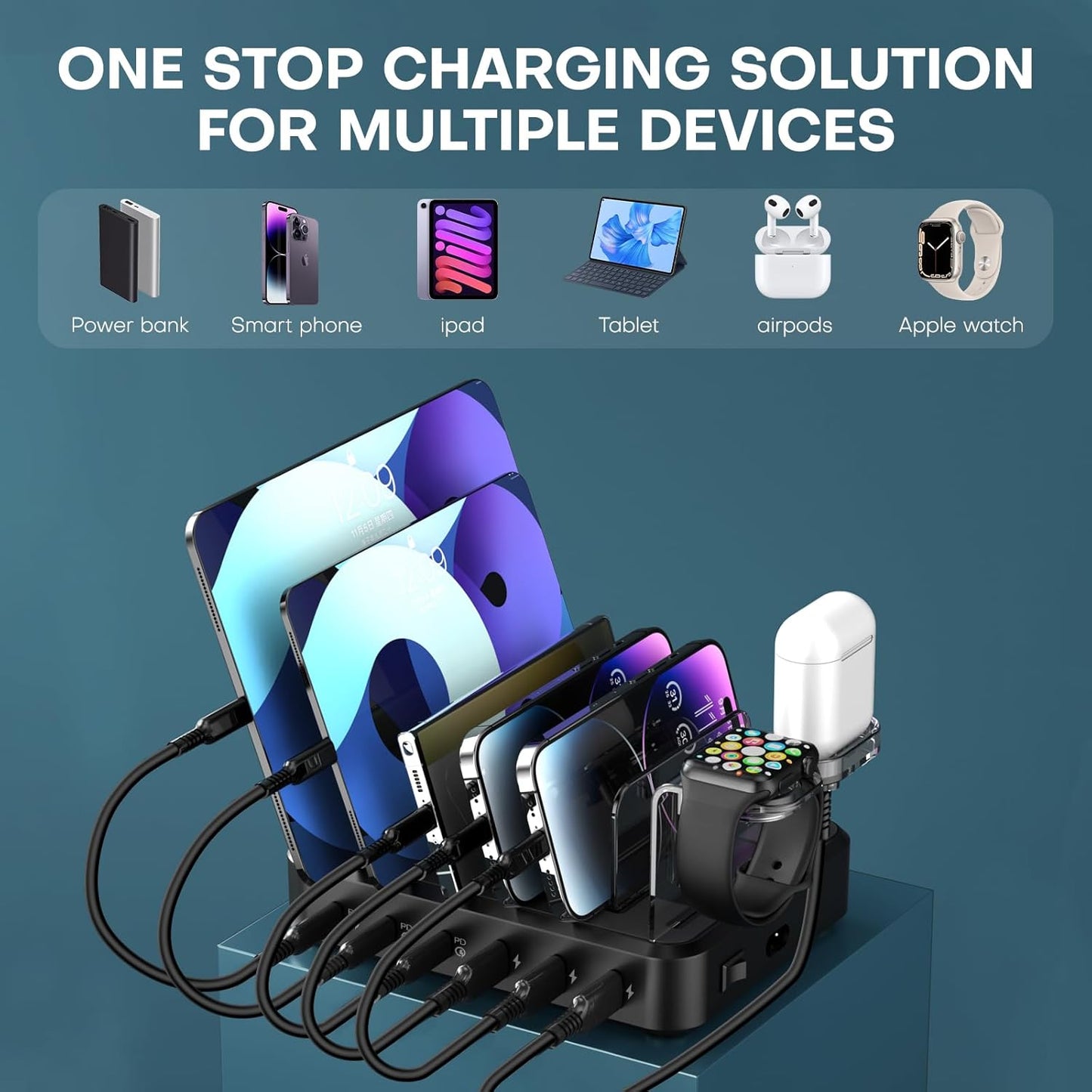 Charging Station for Multiple Devices,75W 6 Port Multi USB C Fast Charger Station with 7 Mixed Charging Cables,USB Charging Dock Compatible with iPhone, Samsung, iPad, Tablet and More