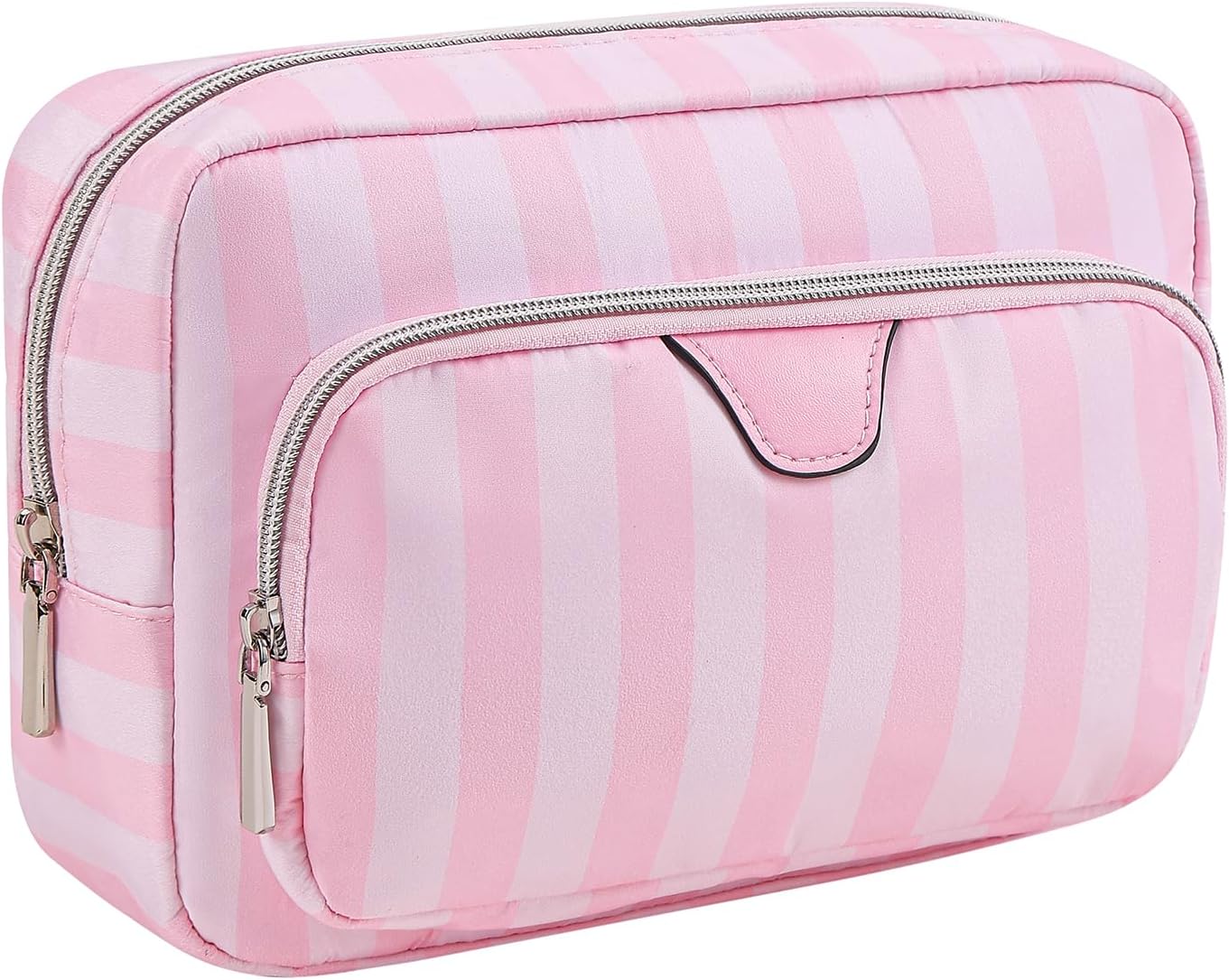 uekeboag Pink Stripe Nylon Travel Makeup Organizer Bag with Comartments,Large Capacity Cosmetic Bags,Toiletries Accessories Coquette Bag for Women Girls(02Compartments)
