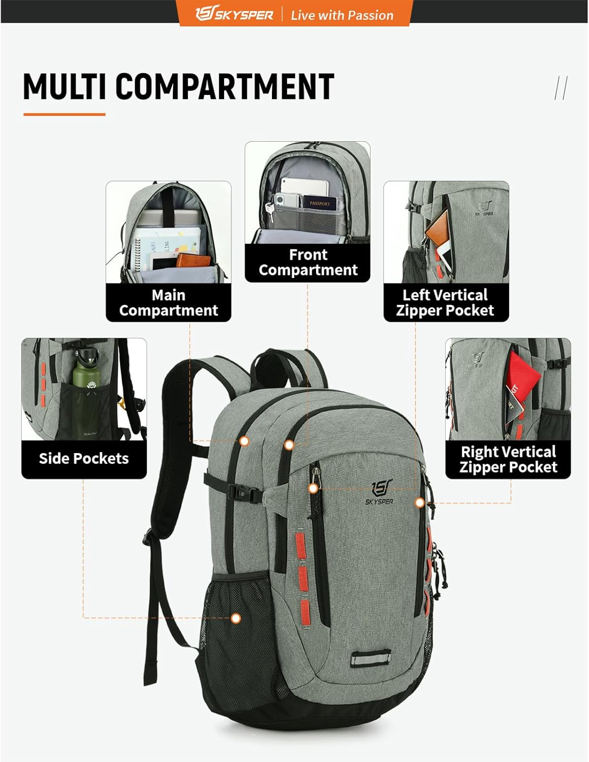 SKYSPER Hiking Backpack 30L Lightweight Travel Backpack Hiking Day Pack for Men Women(Grey)