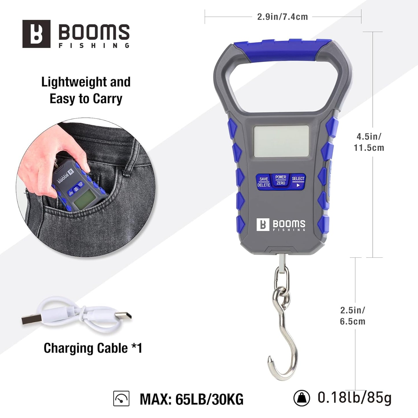 Booms Fishing Digital Fish Scale: USB Charging Fish Weigher 65lb Capacity - Waterproof Luggage Scale, LCD Display, Ergonomic Handle, Potrable Multi-use Fishing Accessories, Gray&Blue, XW50