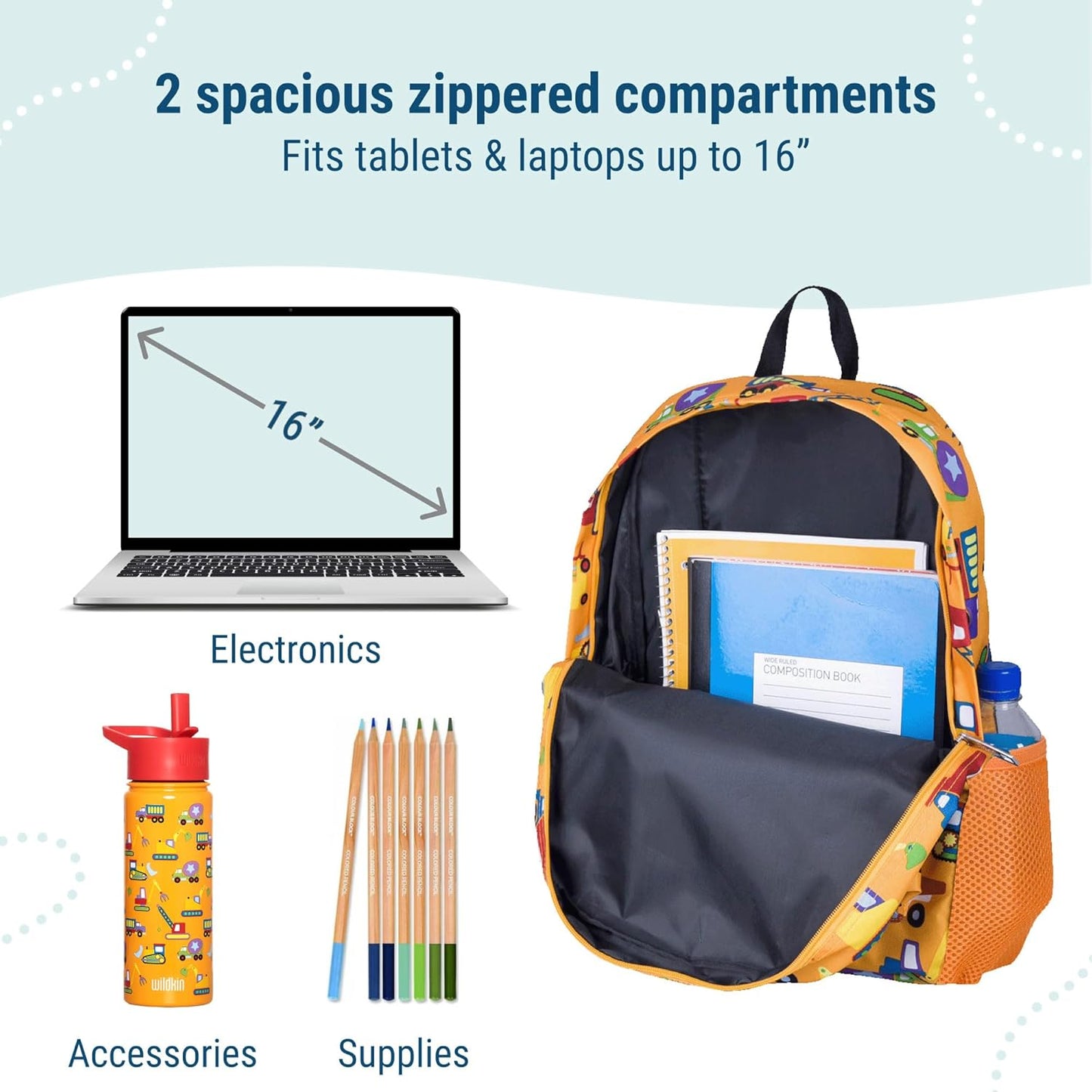 Wildkin 16-inch Kids Backpack – Durable, Padded & Spacious School Bag for Boys & Girls - Under Construction