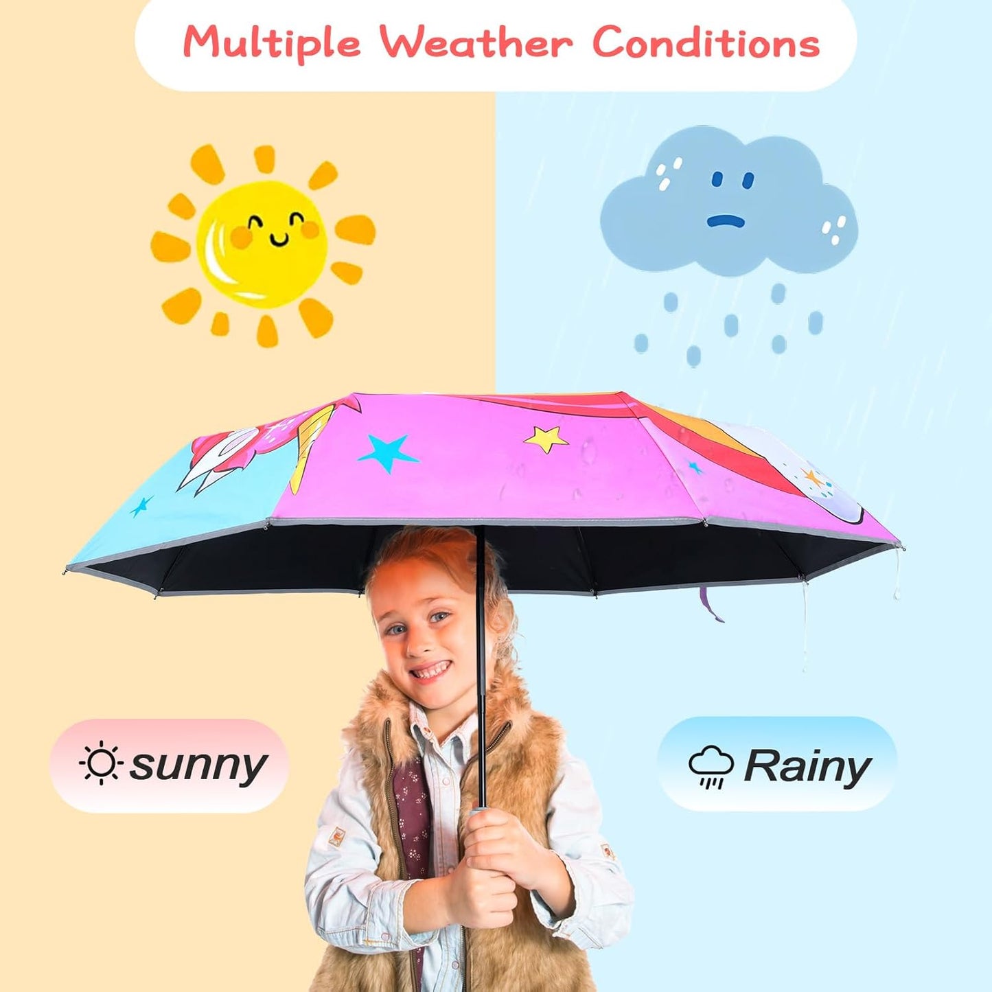 Kids Folding Umbrella Auto Open/Close Anti-rebound Safe Design UV Resistant Automatic Children Travel Umbrellas 8 Rib Reinforced Canopy 360° Reflective Strip Lightweight Cute Umbrella for Girls & Boys