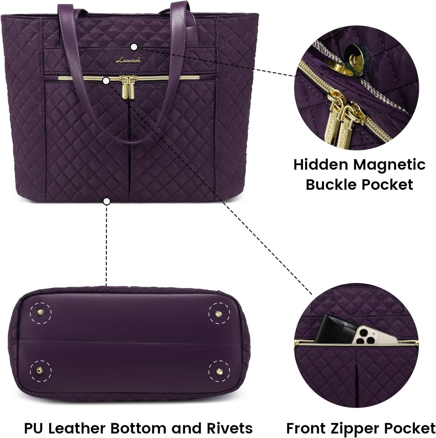 LOVEVOOK Laptop Bag for Women, Stylish Diamond Quilted Work Tote with Clutch Purse, 15.6-inch Purple Tote