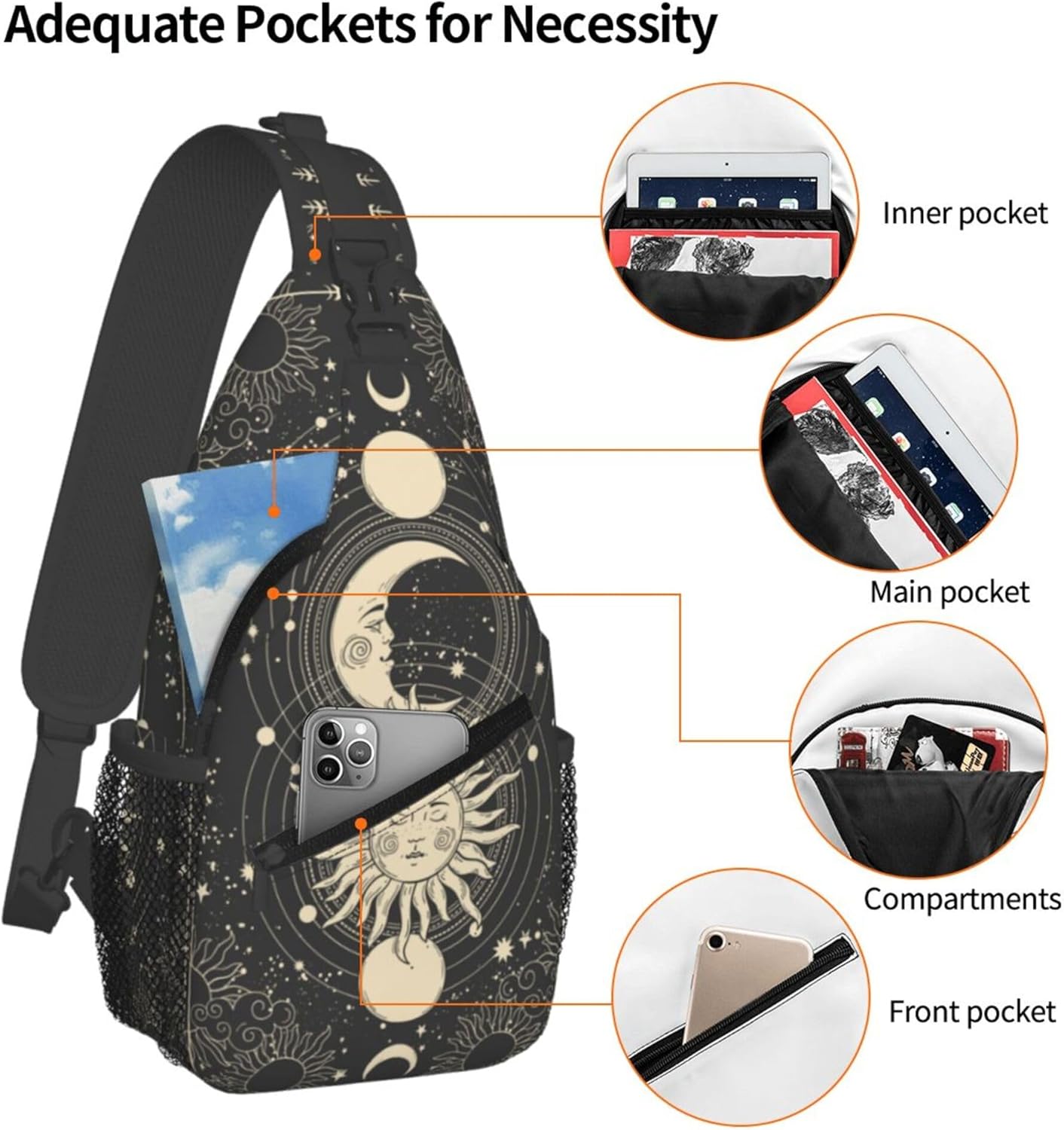 Vintage Sun Moon Stars Small Crossbody Backpack Sling Bag for Men Women Mini One Shoulder Chest