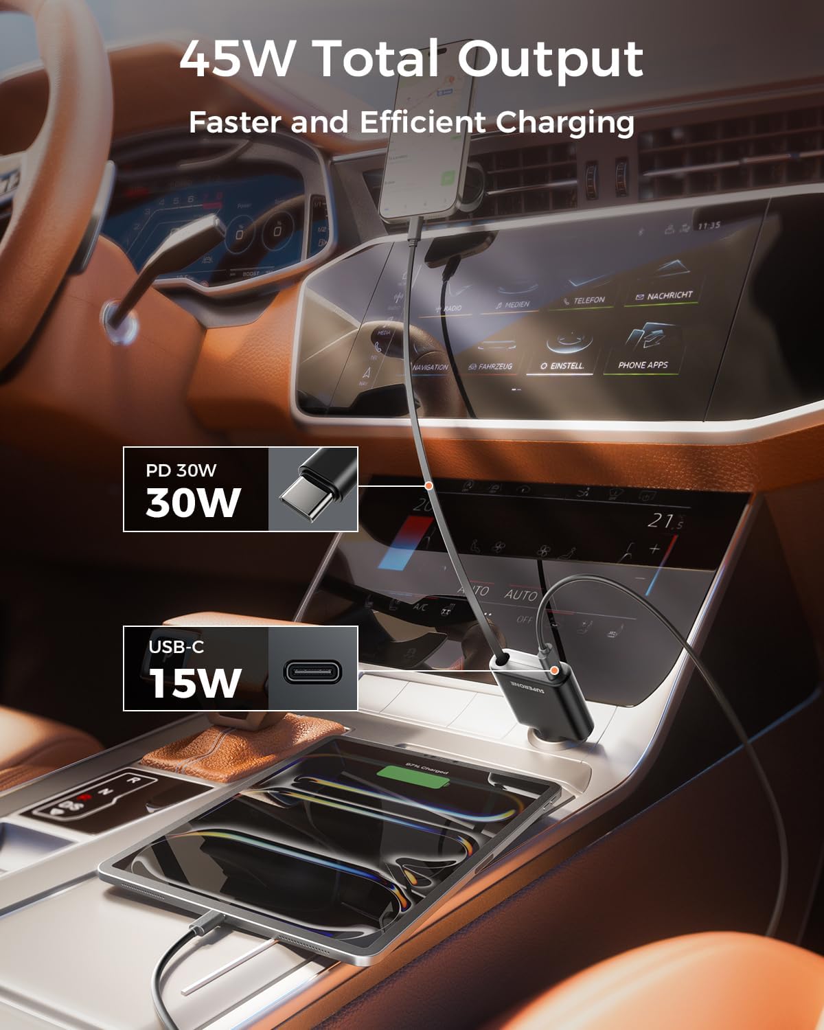 [Ultra Slim] SUPERONE iPhone 17/16/15 Retractable Car Charger USB C Fast Charging, Super Fast Type C Car Charger for iPhone 15/16/17,iPad,Samsung (USB C Cable)