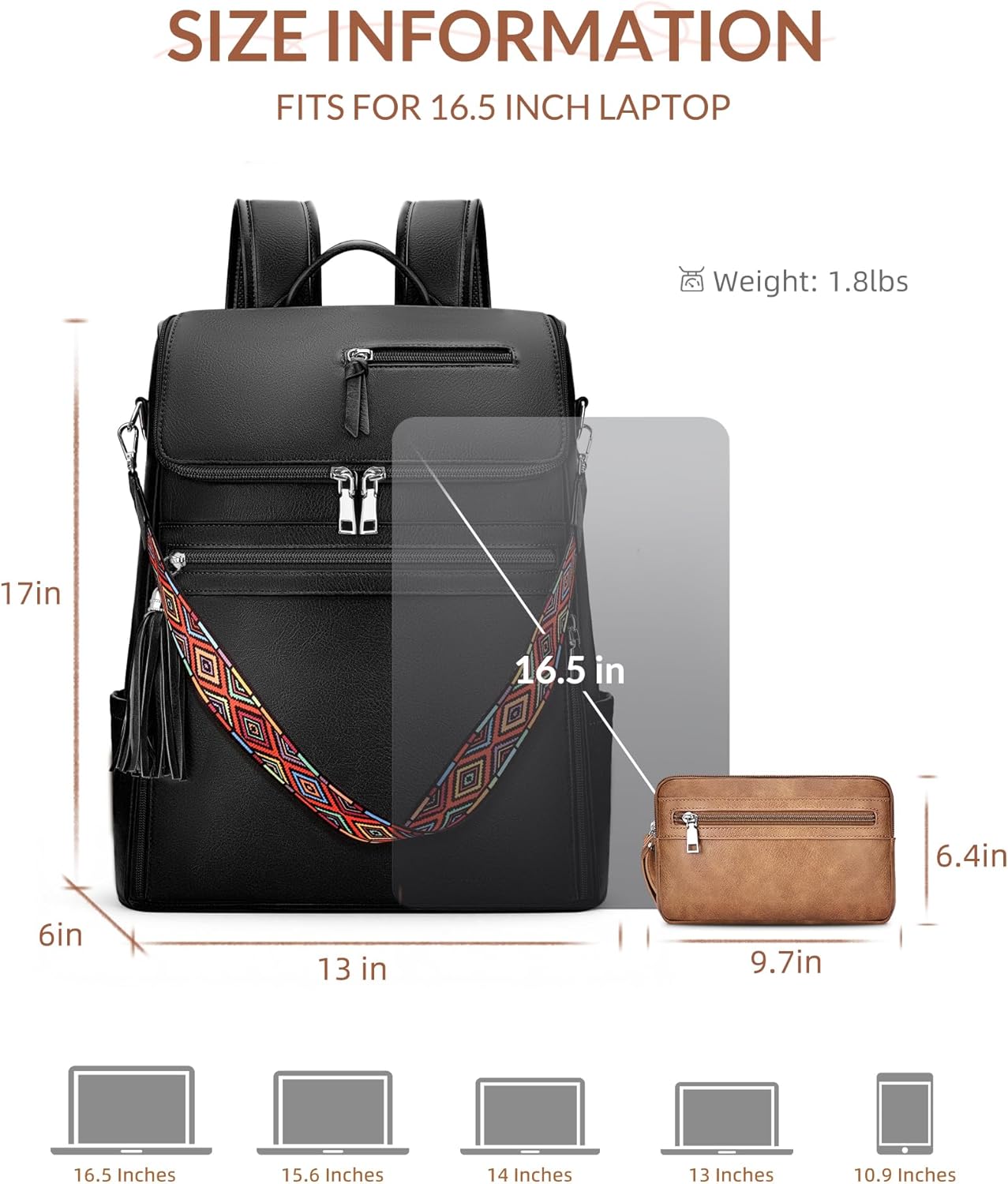 Leather Laptop Backpack for Women Designer Laptop Bag, 16.5 inch Travel Computer Backpacks Purse with Tassel for Work Business with Satchel Purse Black