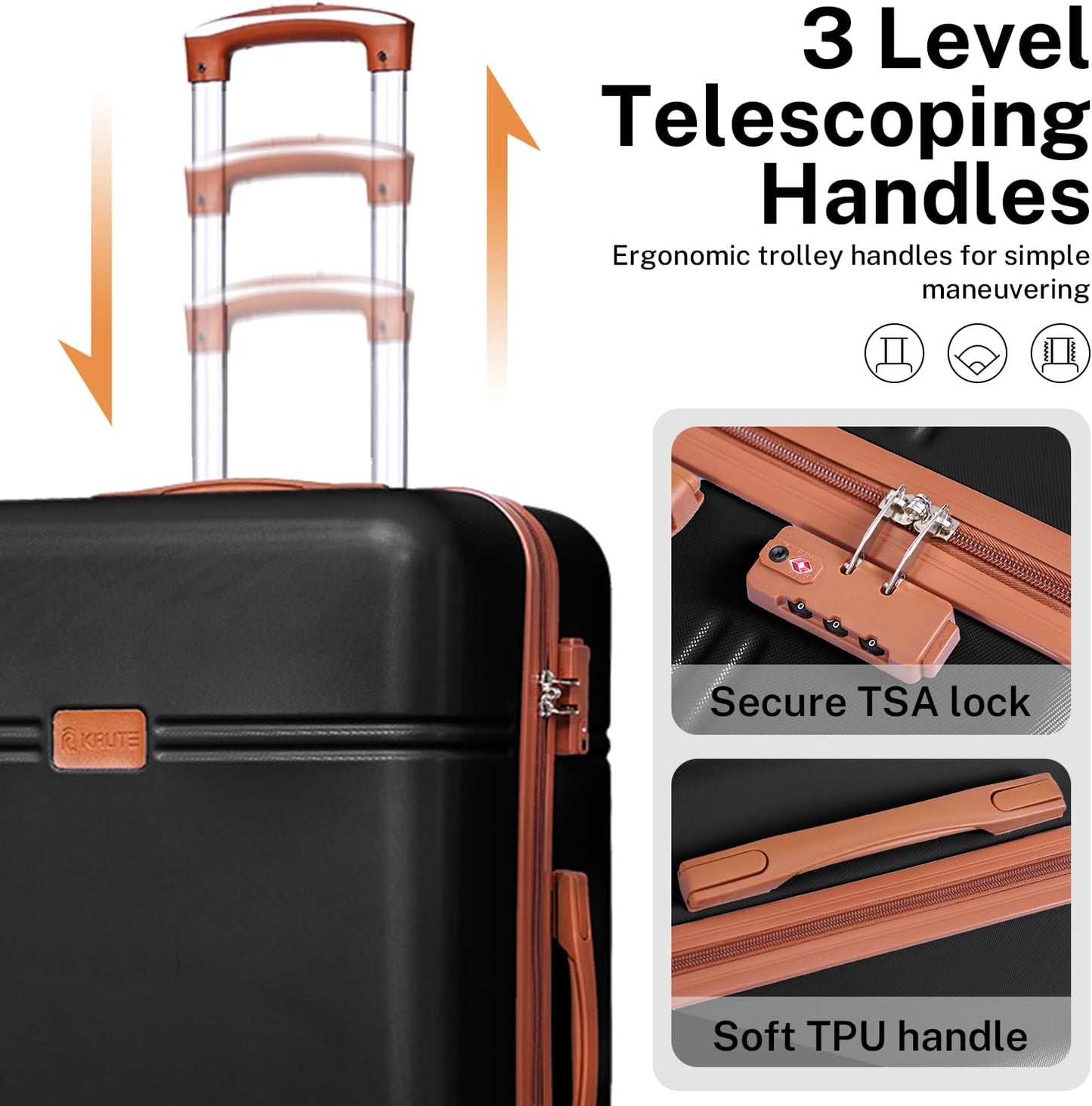 Krute Luggage Sets 5 Pieces Suitcase Set Hard Shell Carry On Luggage with Spinner Wheels TSA Approved Durable PC+ABS Hard Side Suit Case