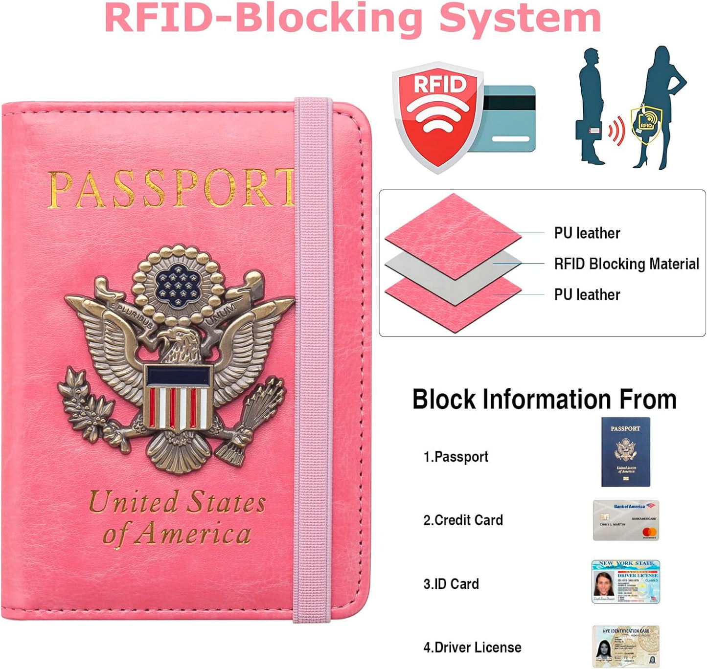 Passport Holder for Travel Passport Cover for Men Passport Wallet Case with Metal 3D Metal Badge Protector Leather Card Case RFID Blocking Women Travel Accessories Document Organizer (Pink)