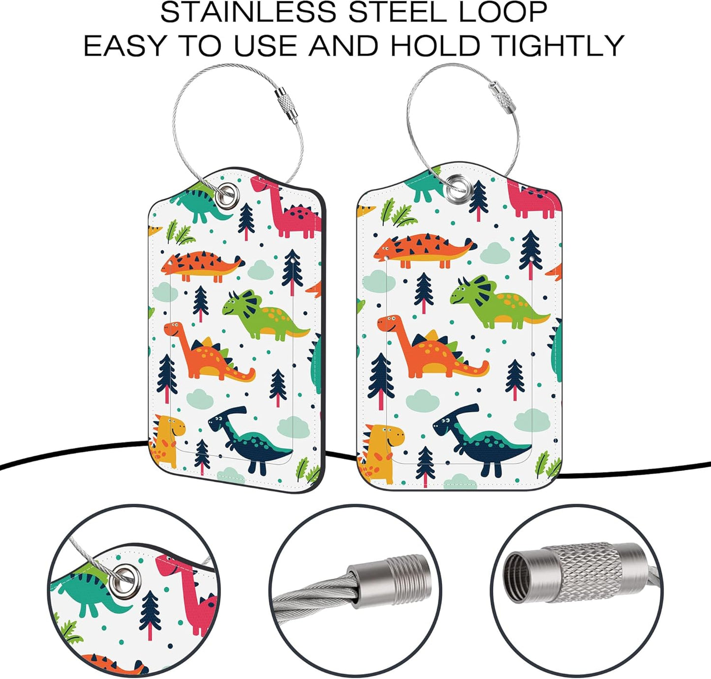 2 Pack Luggage Tags,Funny Dinosaur PU Leather Idea Baggage Tag with ID Labels Privacy Cover Metal Ring Men and Women Travel Bag Labels