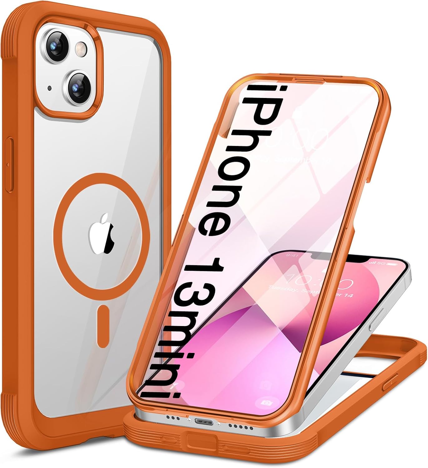 Miracase for iPhone 13 Mini Case 5.4",with MagSafe,Built in Screen Protector,Full-Body Protection(Orange)