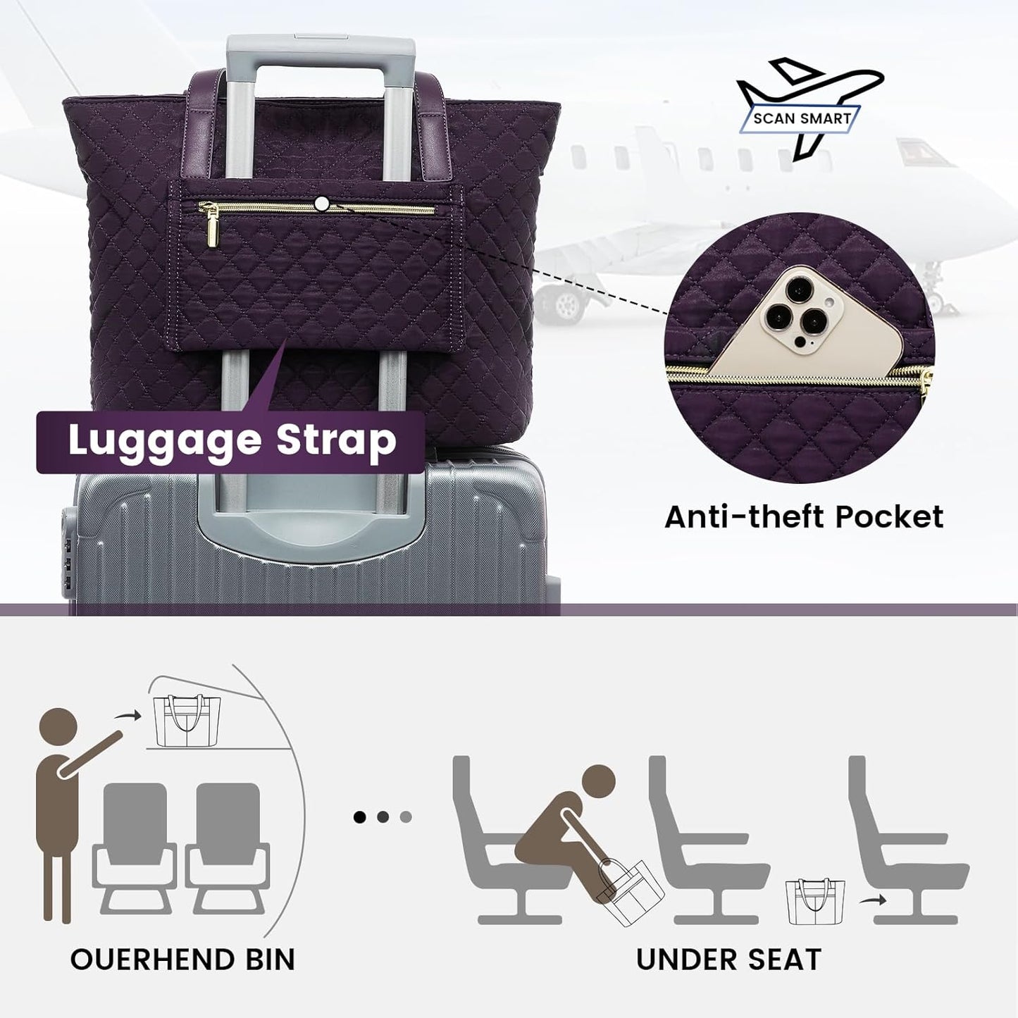 LOVEVOOK Laptop Bag for Women 17 inch,Diamond Quilted Work Tote Bags Womens Laptop Tote Bag Computer Shoulder Bags,Stylish Travel Tote Bags Laptop Purse Briefcase Handbag with Clutch Purse,Off-white