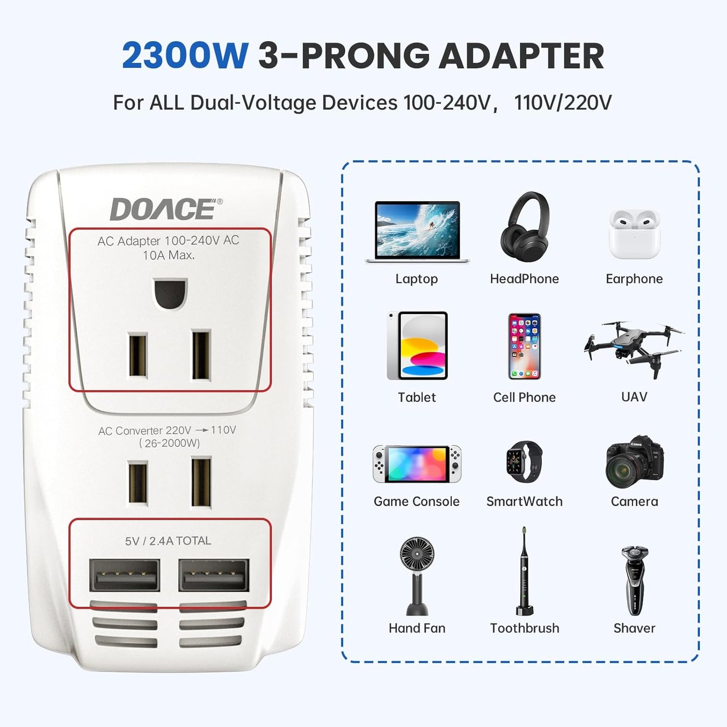 DOACE 2000W Voltage Converter US to Europe - 220V to 110V Converter for European Travel for Hair Dryer Straightener Curling Iron, 2300W Travel Power Adapter for Laptop Tablet Camera Cell Phone