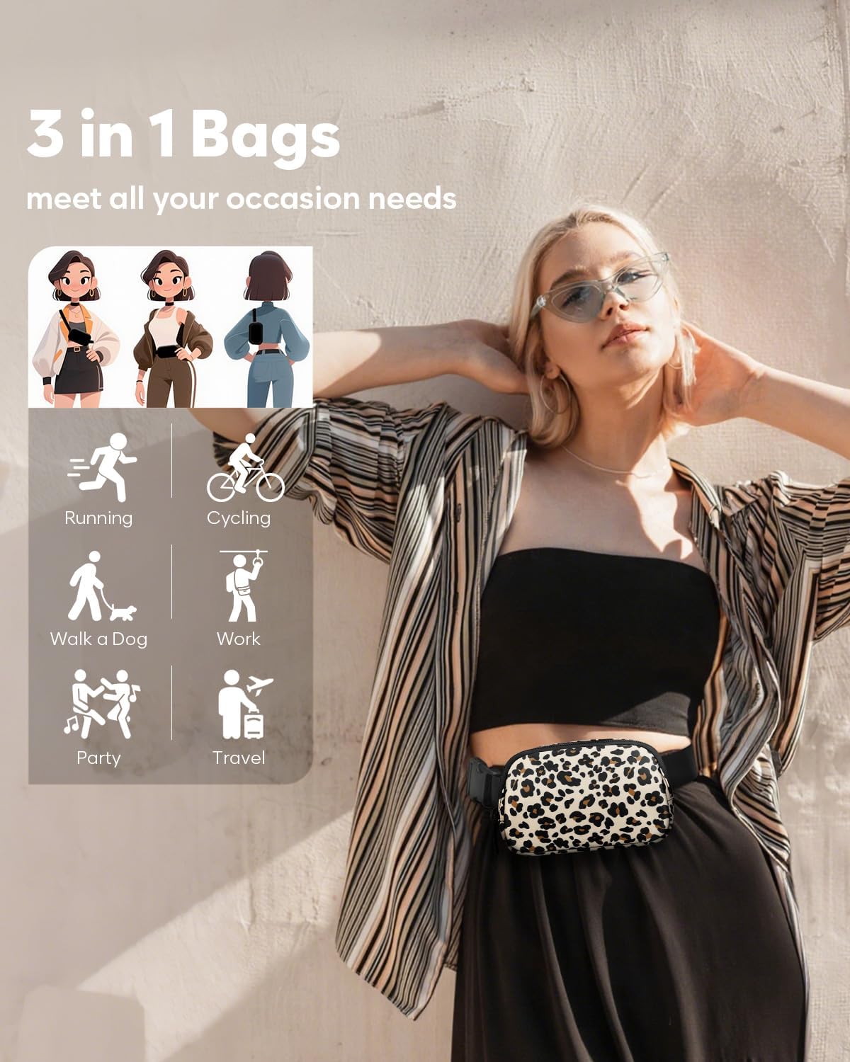 Fanny Packs for Women Cross Body Bag Waterproof Belt Bag with Adjustable Strap and Zipper Back Pocket Small Crossbody Bags Fashion Waist Packs for Workout Travelling(Leopard)