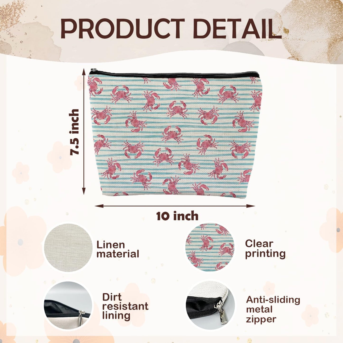 Beach Blue Striped Crab Gifts Makeup Bag, Crab Lovers Gift for Women, Coastal Beach Cosmetic Makeup Bag, Ocean Crabs Pouch Purse