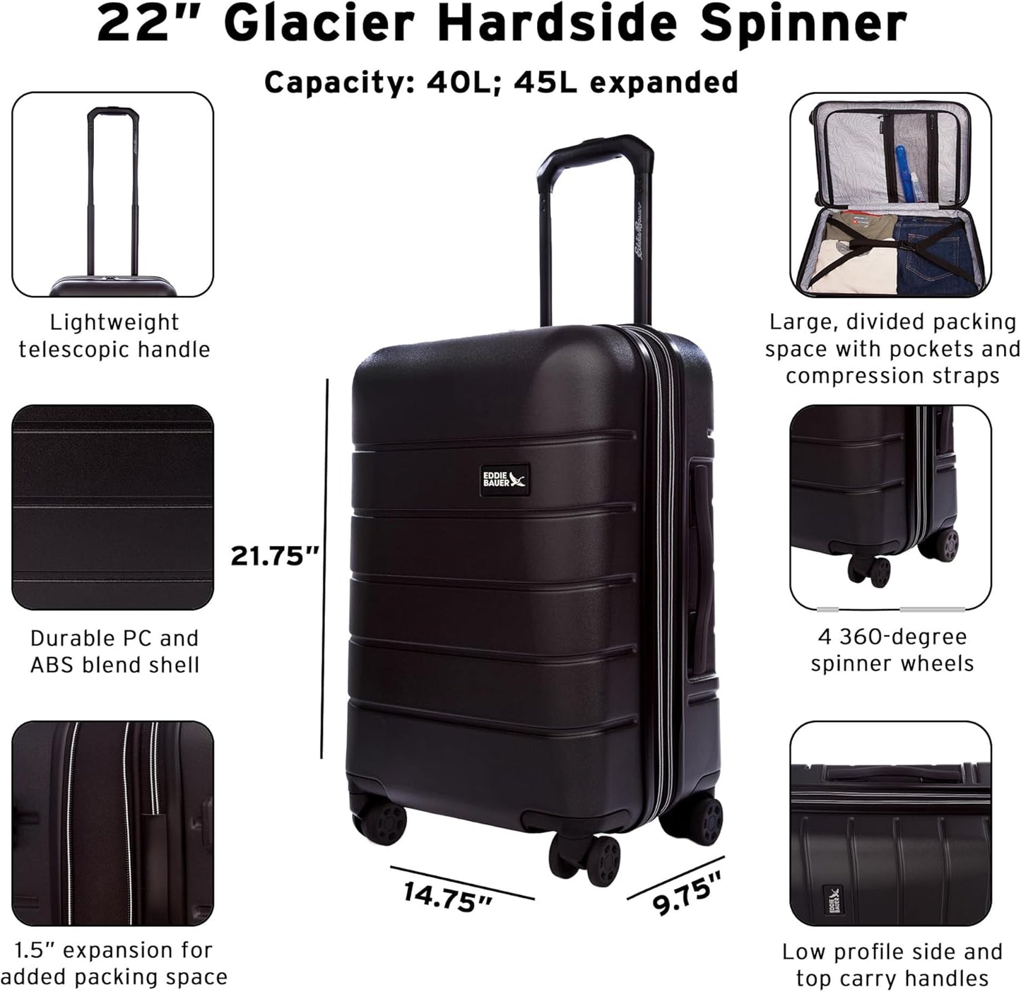 Eddie Bauer Glacier Hardside Spinner Durable PC/ABS Construction 2-Piece Set Suitcase Luggage