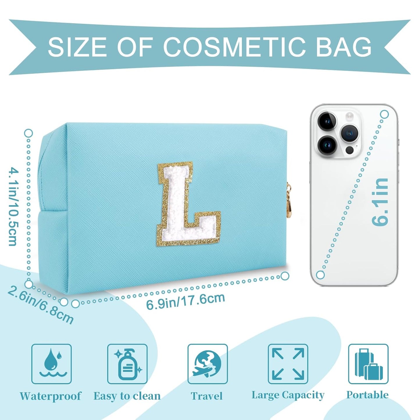Small Personalized Initial A-Z Preppy Patch Makeup Bag,PU Chenille Letter Travel Cosmetic Pouch with Zipper,Blue Cute Toiletry Bag,Gift Ideal for Teen Girls Women Teacher Bridesmaid,Letter L