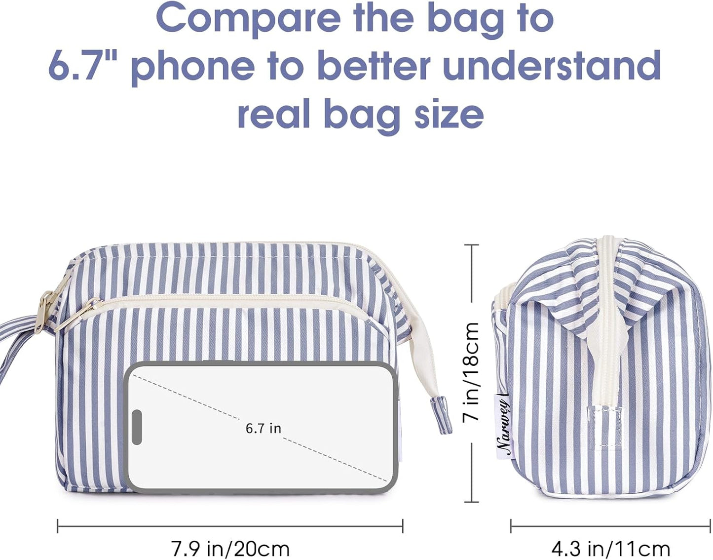 Narwey Striped Wide Open Makeup Bag Women, Travel Toiletry Bag for Women Cosmetic Bag Organizer Make up Bags with Compartments, Gift for Teen Girls (Greyish Blue Stripe)