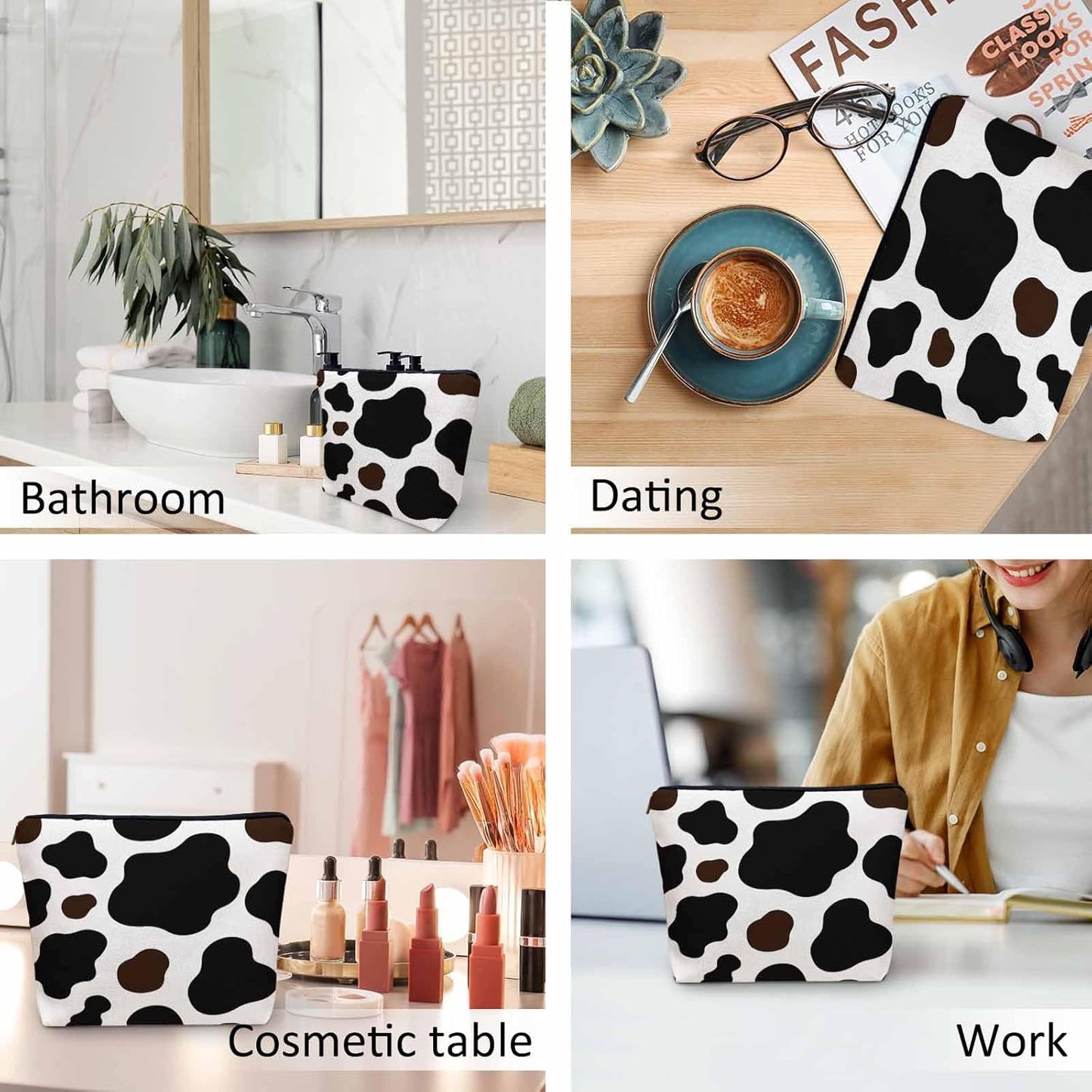 Women Cosmetic Bag Cow, Farm Cow Print Cattle Skin Milk Fur White Black Cute Makeup Bag For Purse Cosmetic Travel Bag For Toiletries Makeup Storage Bag Flax Skincare Bag Make Up Pouch Bags