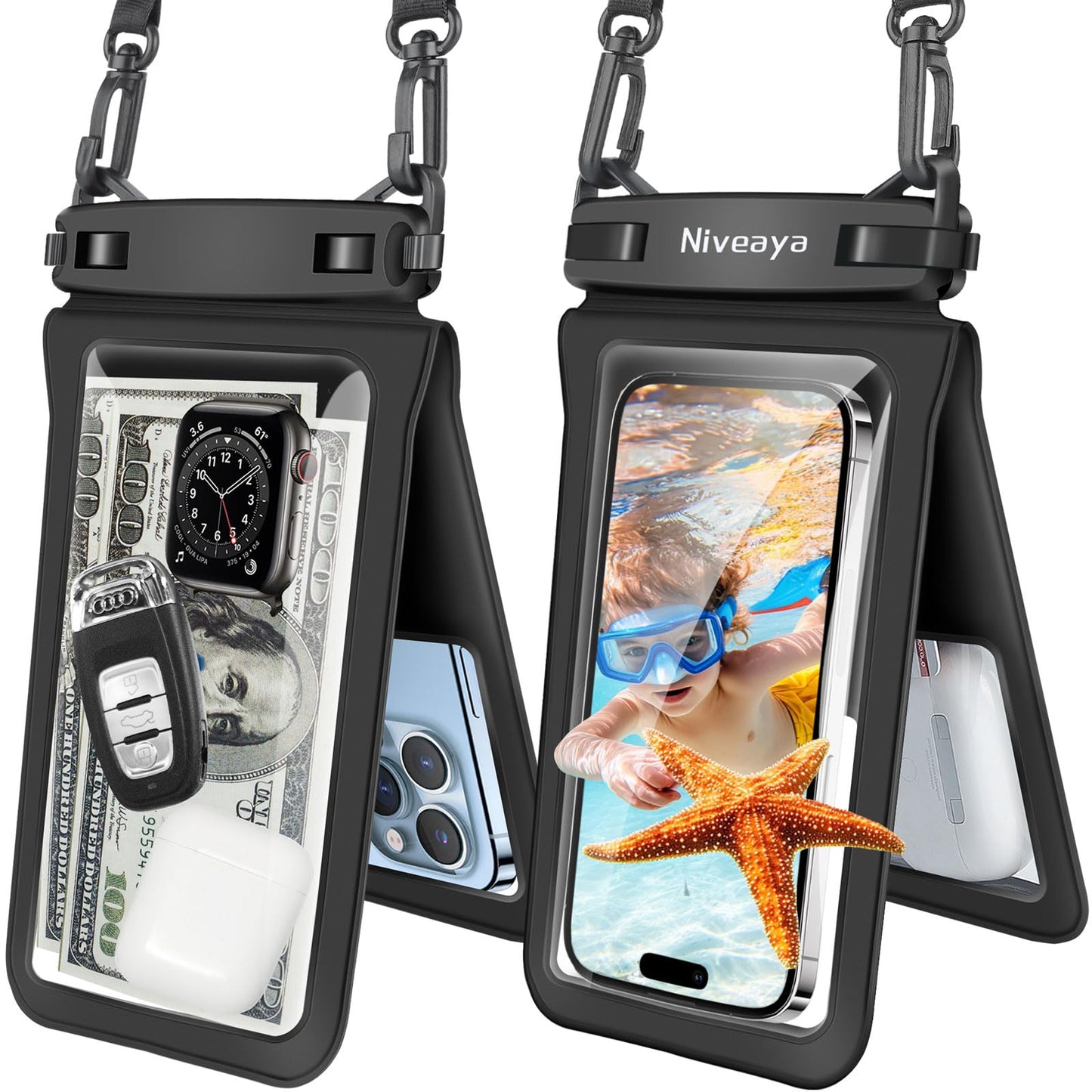 Niveaya IPX8 Double Space Waterproof Phone Pouch (up to 8.3") -2 Pack Waterproof Phone Case with