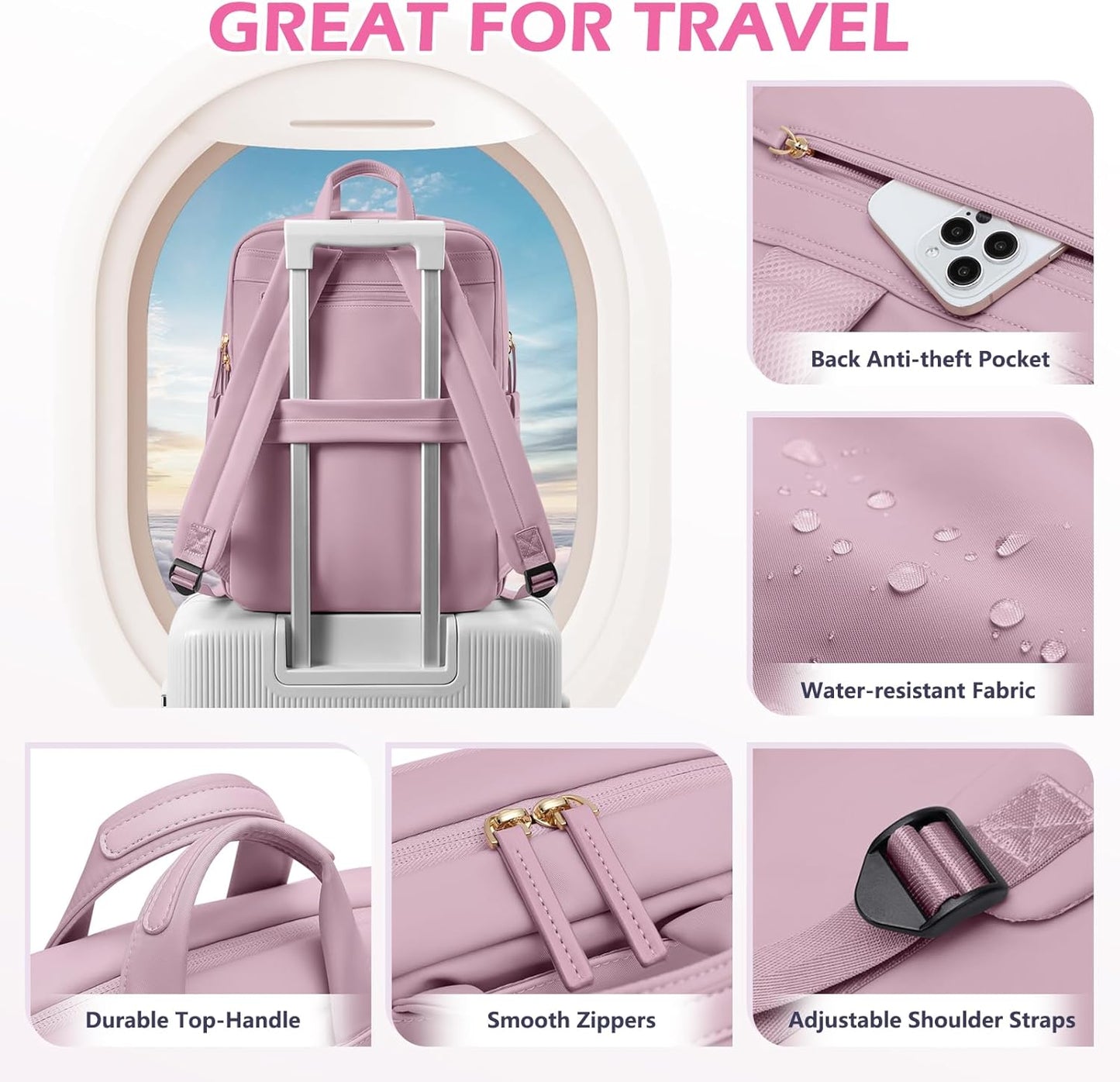 Slim Laptop Backpack for Women, Lightweight Business Backpack for Women Computer Bag Purse for Commuting, Fit 17.3 Inch, Pink Purple