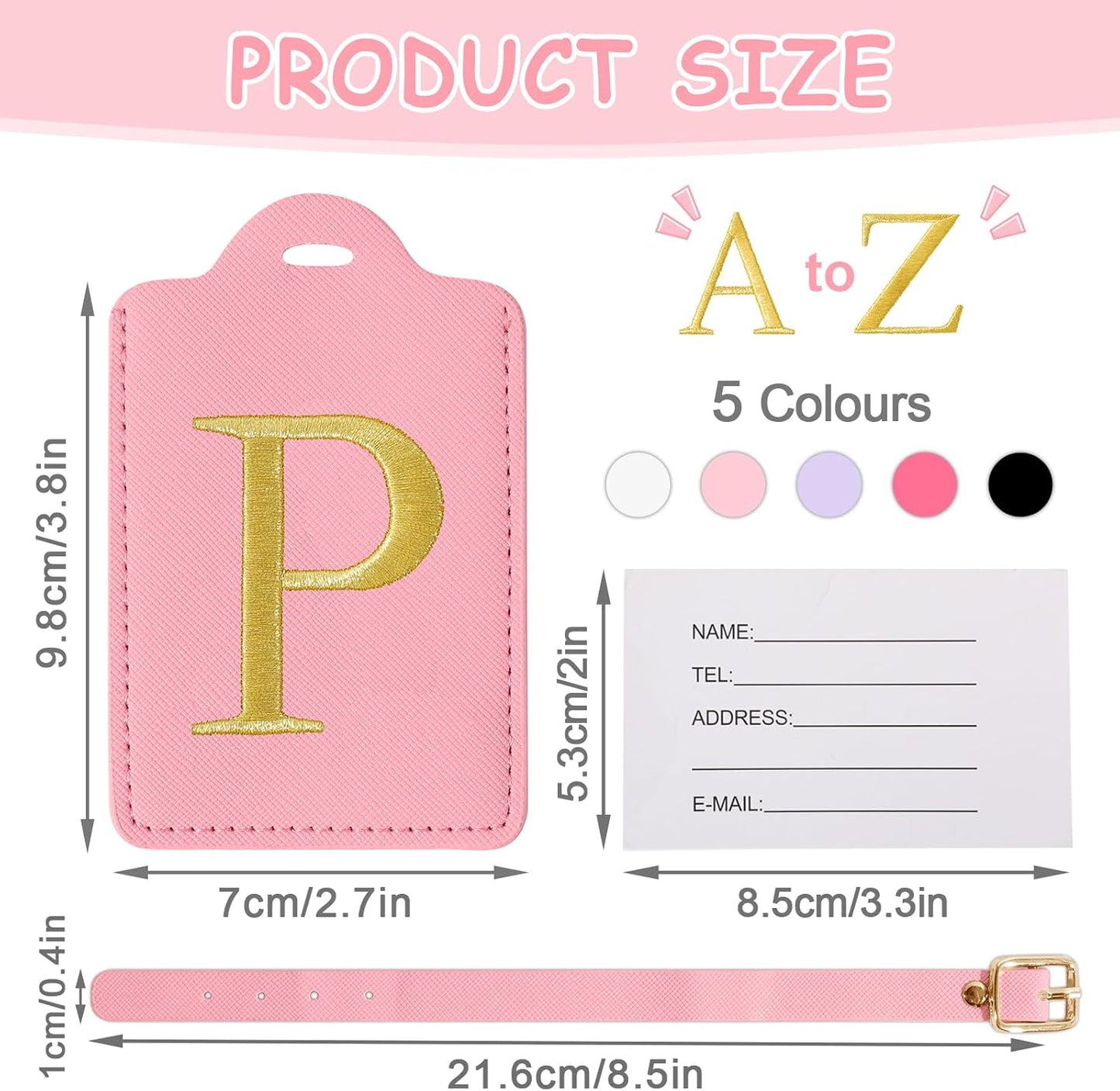 Initial Letter Luggage Tags for Suitcases, Personalized Embroidered Letter Luggage Bag Suitcase Identifier Name Tag, Cute PU Leather Travel Luggage Tags, Bag Tags for Luggage Handbags(Pink P)