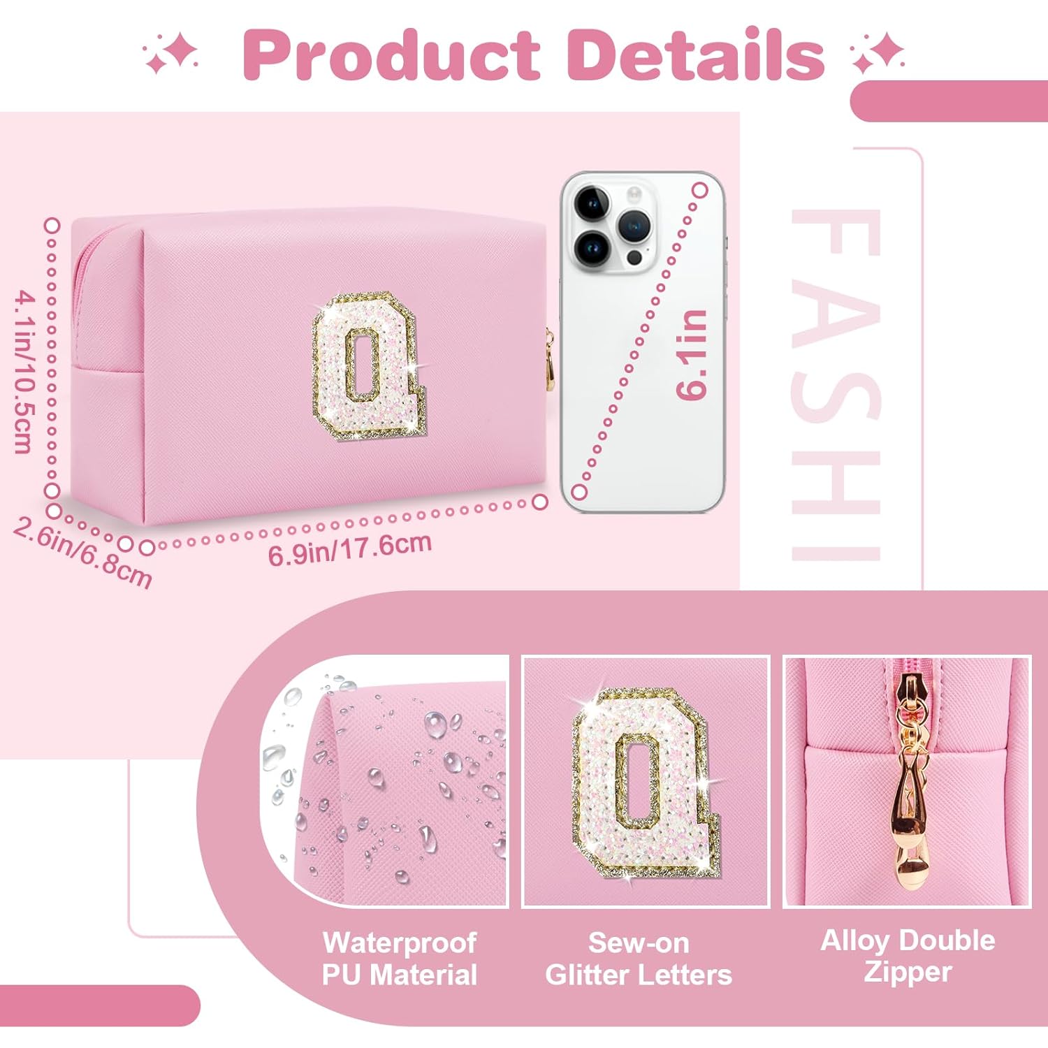 Small Personalized Initial A-Z Patch Makeup Bag,Pink Cute PU Leather Glitter Letter Cosmetic Bag