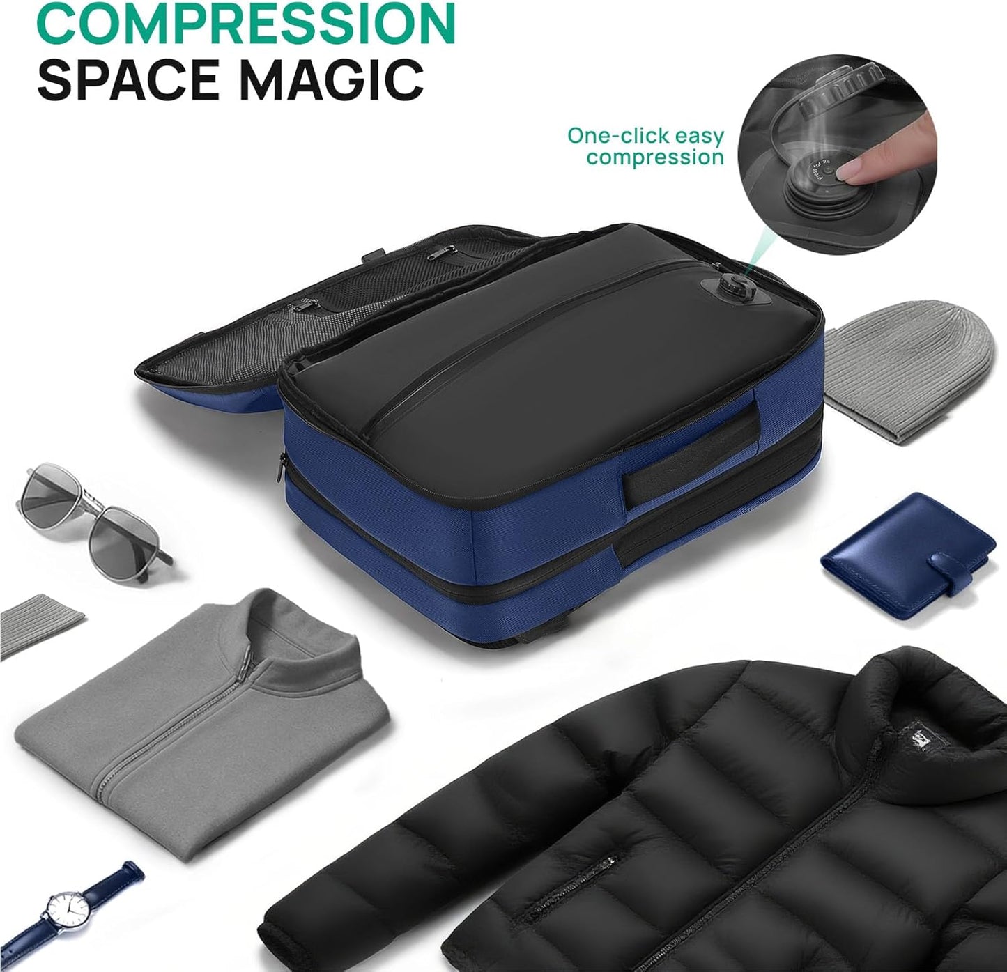 Dinictis Vacuum Seal Travel Backpack 60L Built-in Pump, Expandable Backpack with Vacuum Compression fits 17 inch Laptop, Waterproof Carry On Suitcase Luggage suit for Short Trip and Business-Blue