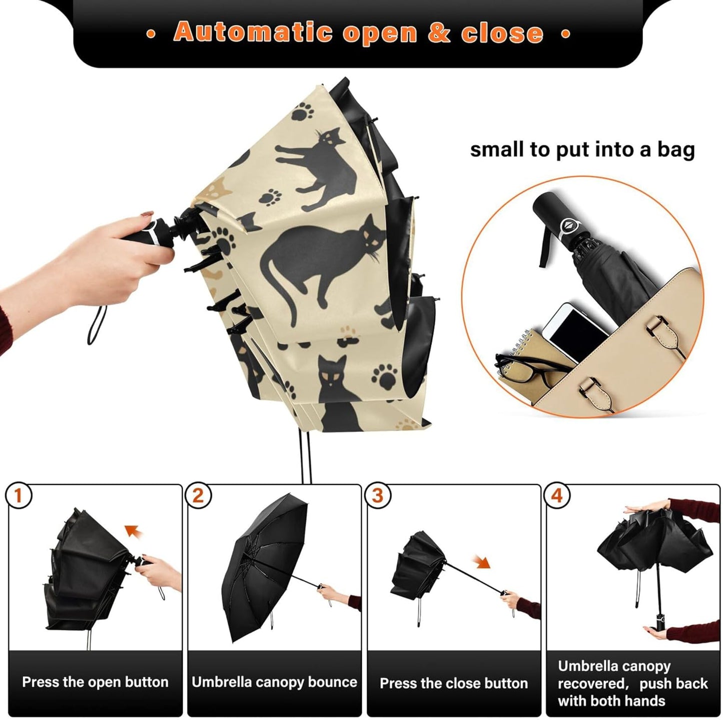 Automatic Folding Umbrella Windproof Strong, UV Protection Compact Black Gothic Moon Spider Webs and Bats Sun Rain Sun Rain Travel Umbrellas for Women Men