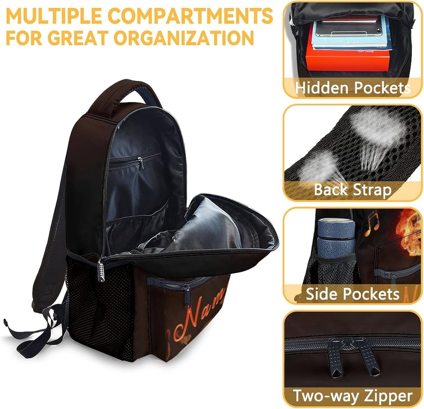 Mercuryelf Personalized Guitar Backpack for Girls & Boys, 16 Inch Black Flame Backpacks for School, Cool Lightweight Bookbag for Kids