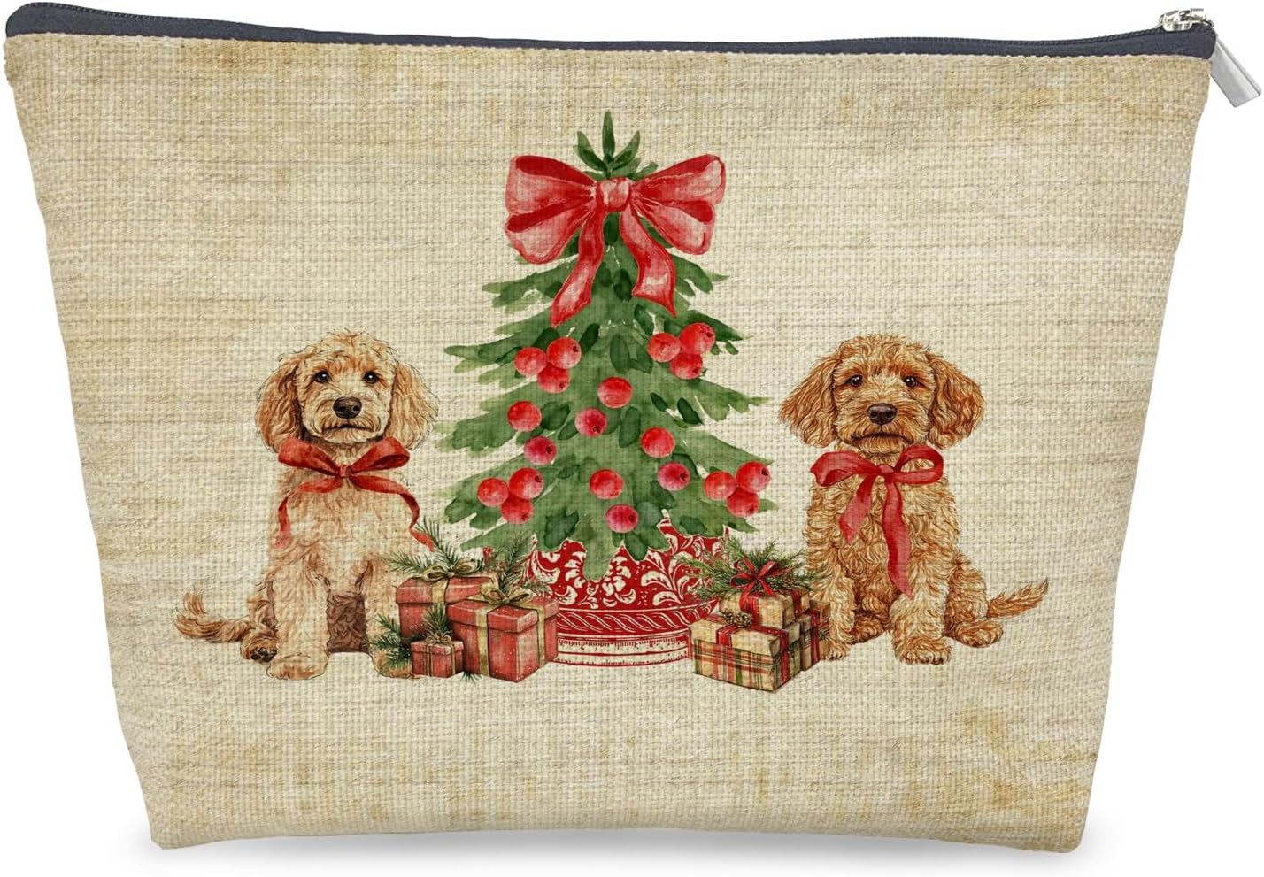 Red Chinoiserie Christmas Labradoodle Dog Makeup Bag Gifts for Women, Coquette Grandmillennial Labradoodle Cosmetic Bag, Rustic Xmas Dog Holiday Zipper Makeup Pouch Travel Toiletry Bag
