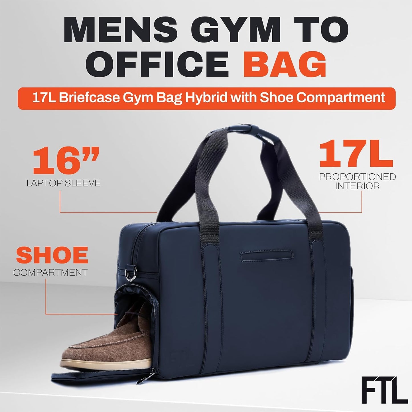 The FTL Lite Mens Gym to Office Bag - 17L Briefcase Gym Bag Hybrid with Shoe Compartment & 16" Laptop Sleeve - Executive Daily Carry & Overnight Duffel for Athletic Business Pros - Essex Blue