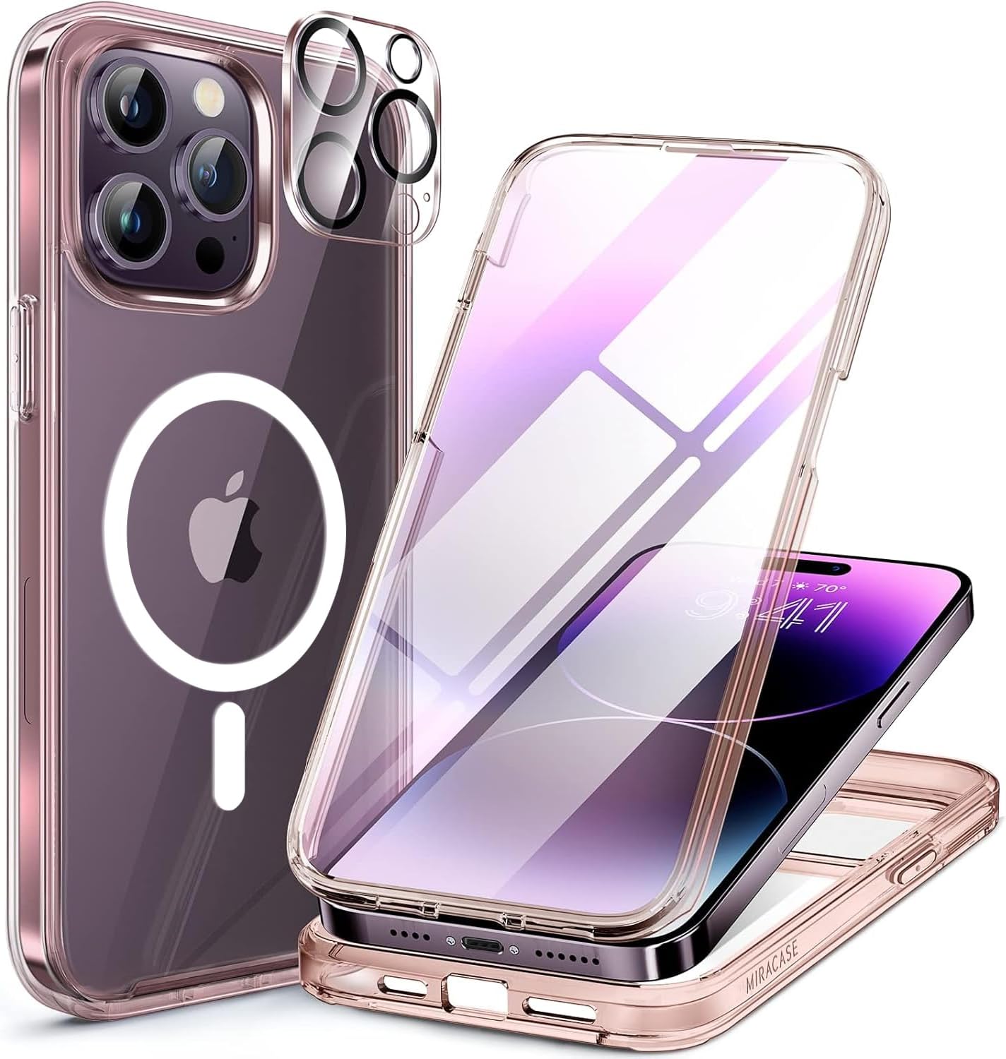 Miracase Magnetic Designed for iPhone 14 Pro Max Case 6.7 inch (Compatible with MagSafe) Upgrade Full-Body Clear Phone Bumper Case with Built-in 9H Tempered Glass Screen Protector, Magnetic Clear Pink