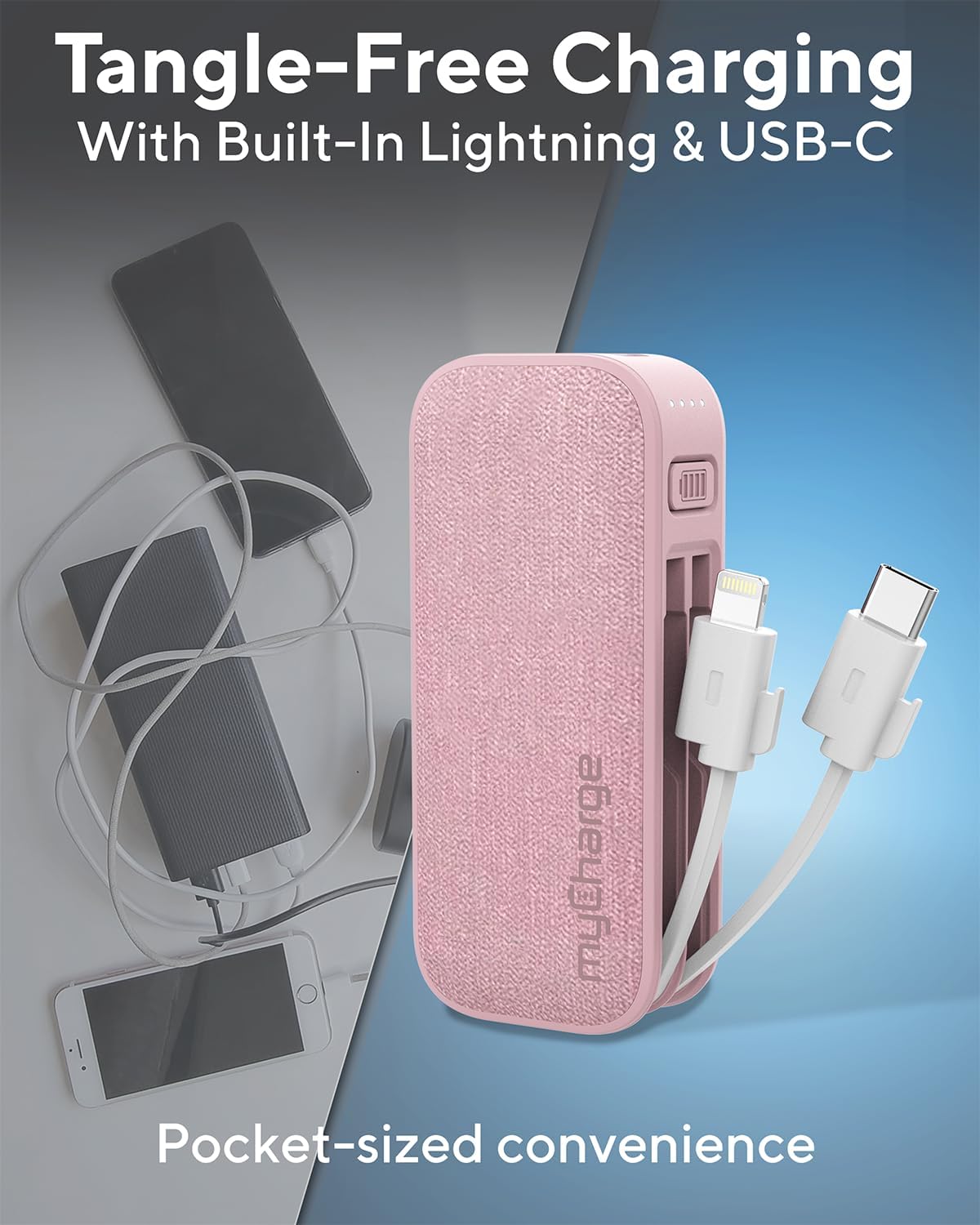 myCharge PowerHub Mini Portable Charger for iPhone - 3000mAh & Built in Cables (Lightning, Type C) 12W Turbo USB C Power Bank Fast Charging Battery Pack (Pink)