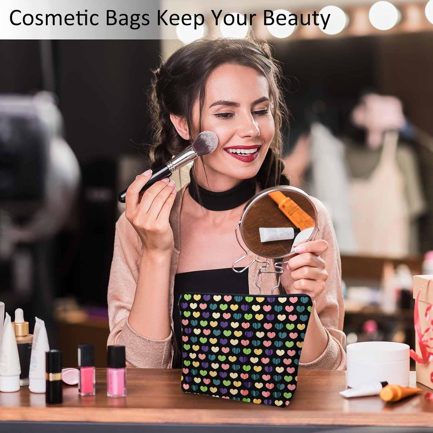 Makeup Bag Heart Makeup Bags For Purse Pouch, Colorful Love Hearts Travel Toiletry Bag Cosmetic Bag Makeup Bags Flax Makeup Organizer Bag Pencil Pouch For Man Woman